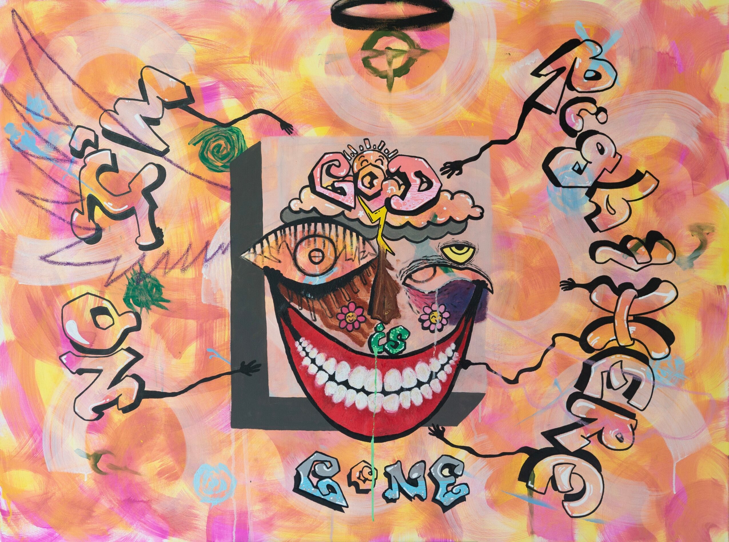 Colorful abstract artwork with a smiling face, surrounded by whimsical text and shapes, on a pink and orange background.