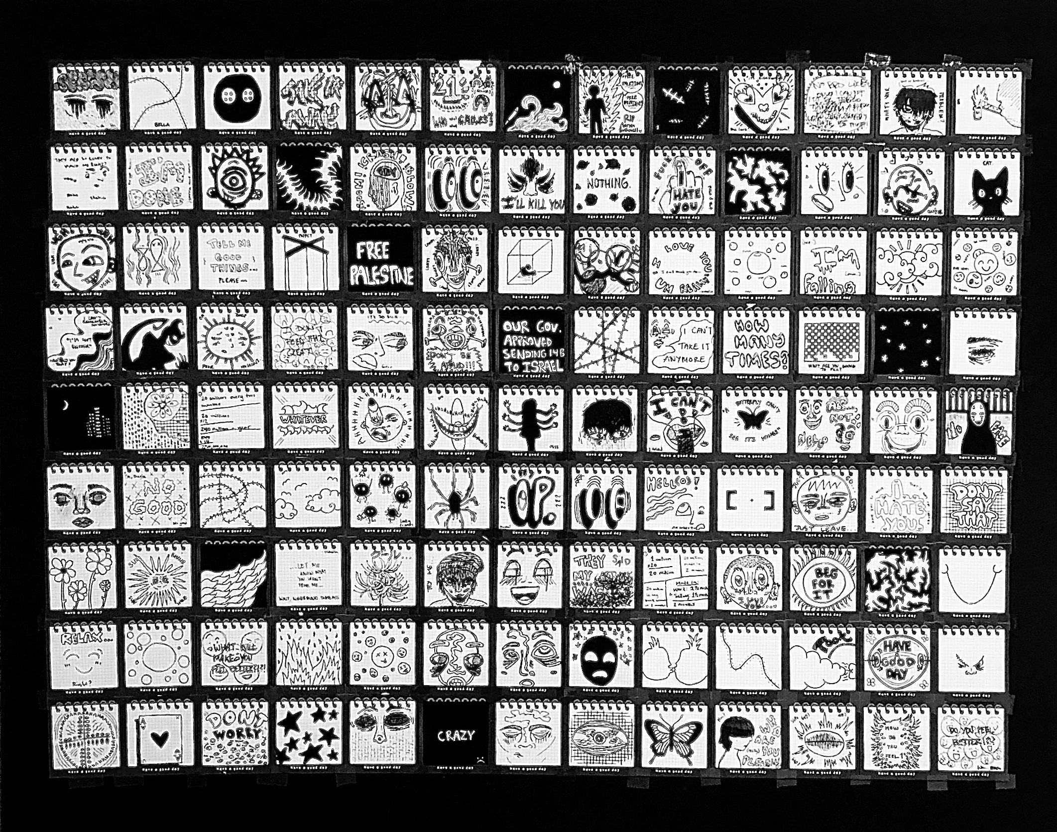A grid of small, black-and-white pixel art images arranged in rows and columns, with various patterns and characters.