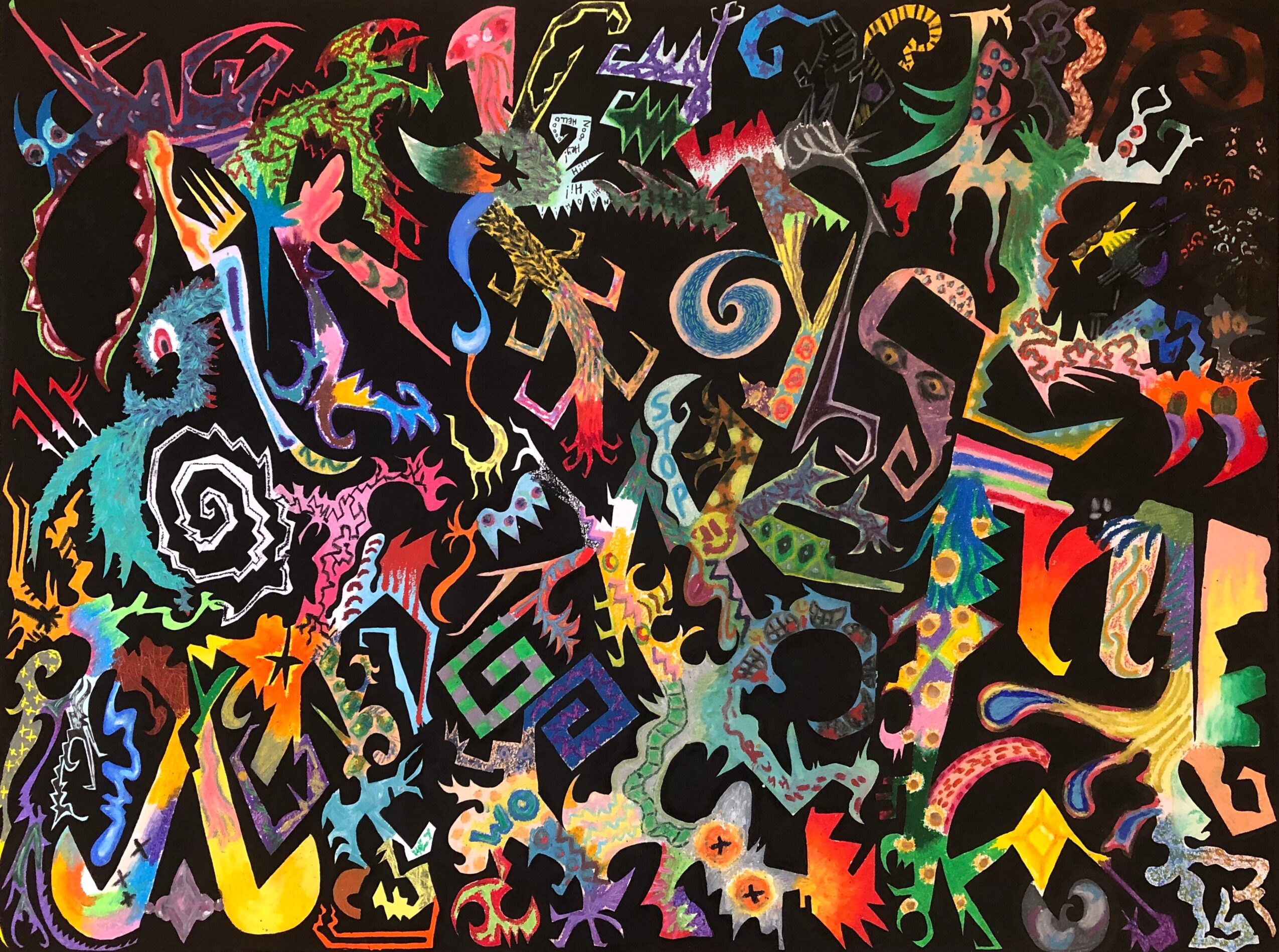 Colorful abstract shapes and figures with swirling patterns and vibrant colors fill the image.