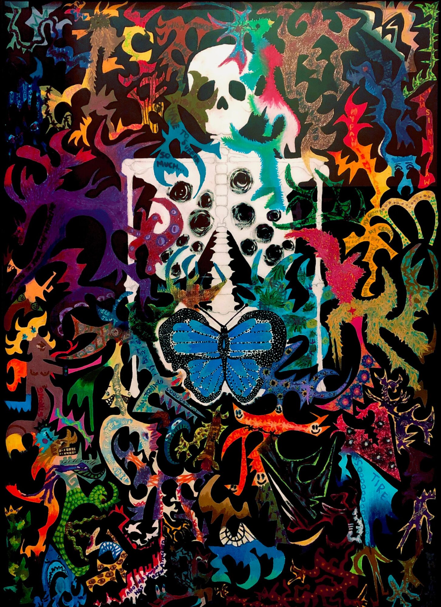 Colorful abstract artwork with skull, butterfly, and various shapes and patterns, creating a vibrant, chaotic scene.