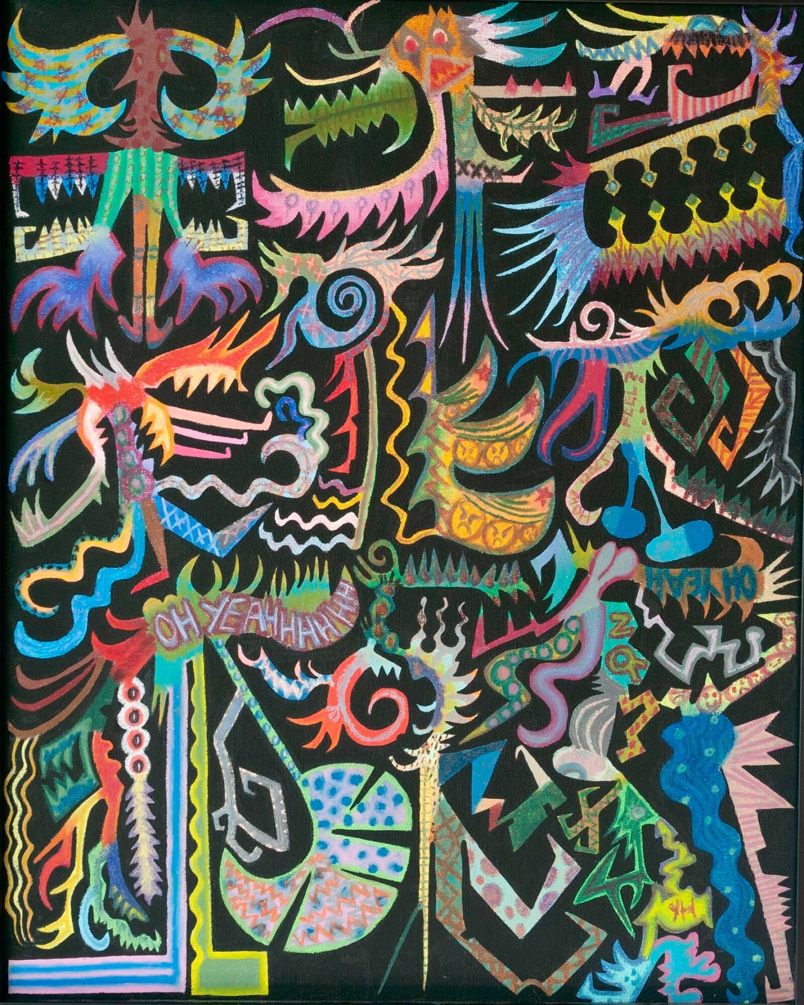 Colorful abstract creatures and shapes on a black background with vibrant lines and patterns.
