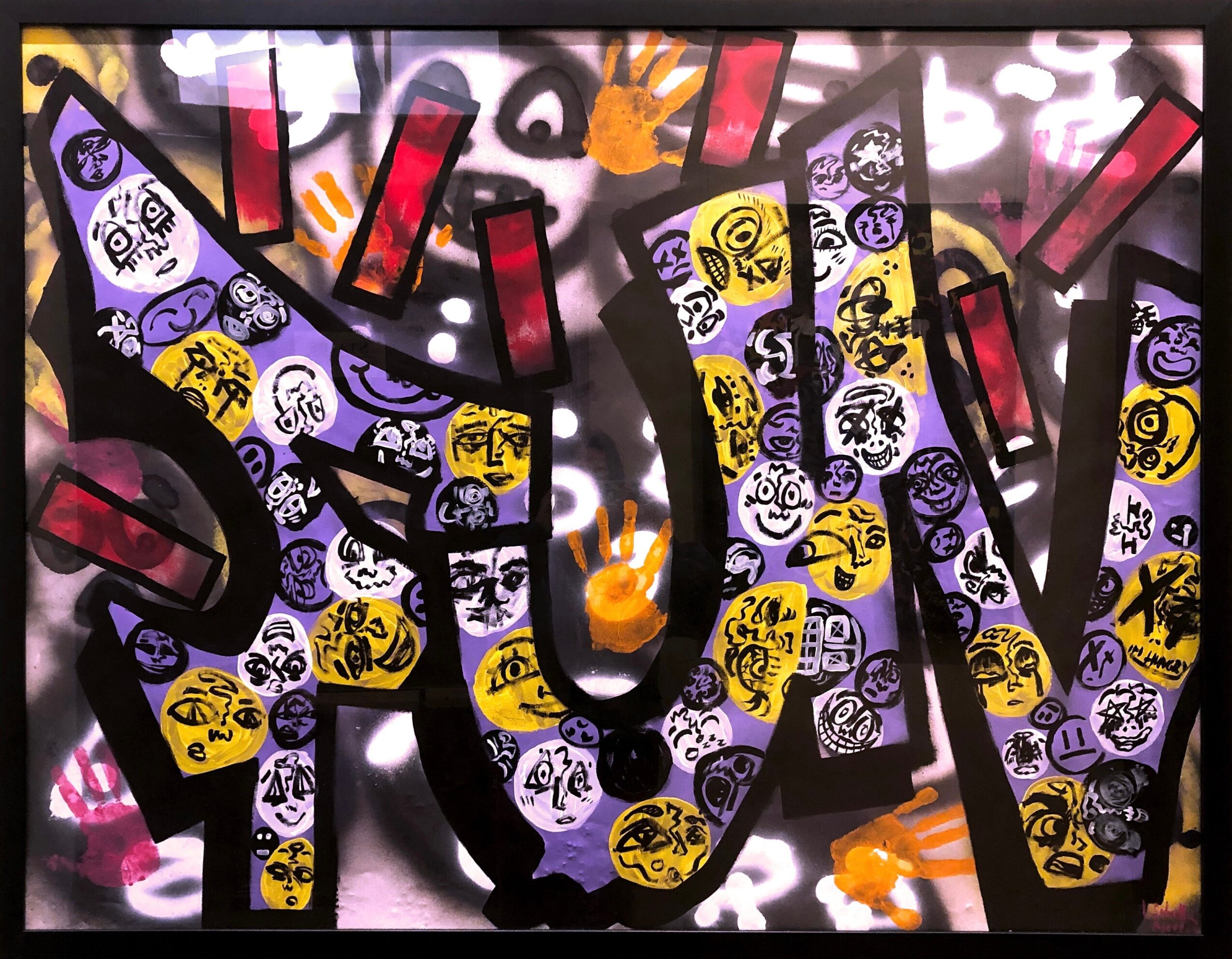 Graffiti-style artwork with colorful faces and abstract shapes, featuring prominent black, purple, yellow, and red elements.