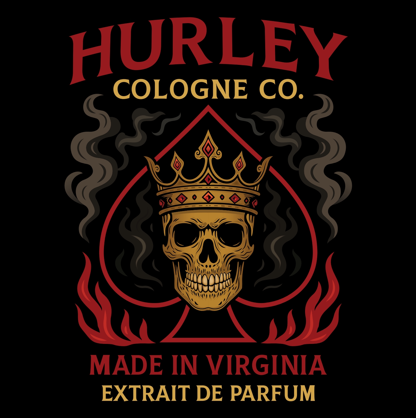 Logo with a skull wearing a crown, surrounded by smoke and flames, with text about Cologne Co. and perfume.