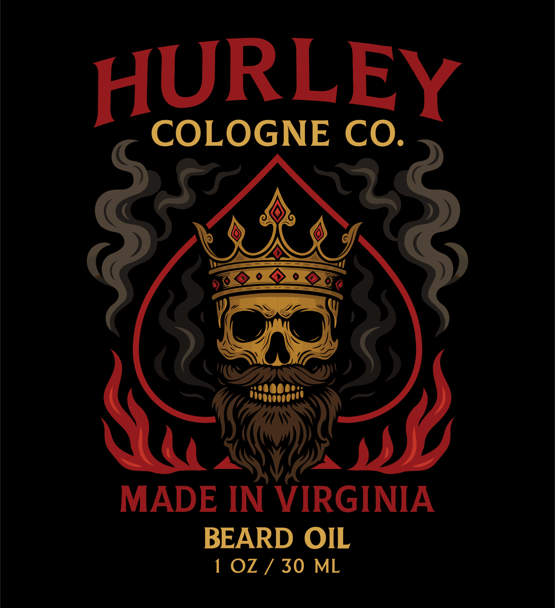 Label with a skull wearing a crown, surrounded by flames and smoke, with text about beard oil and Virginia.