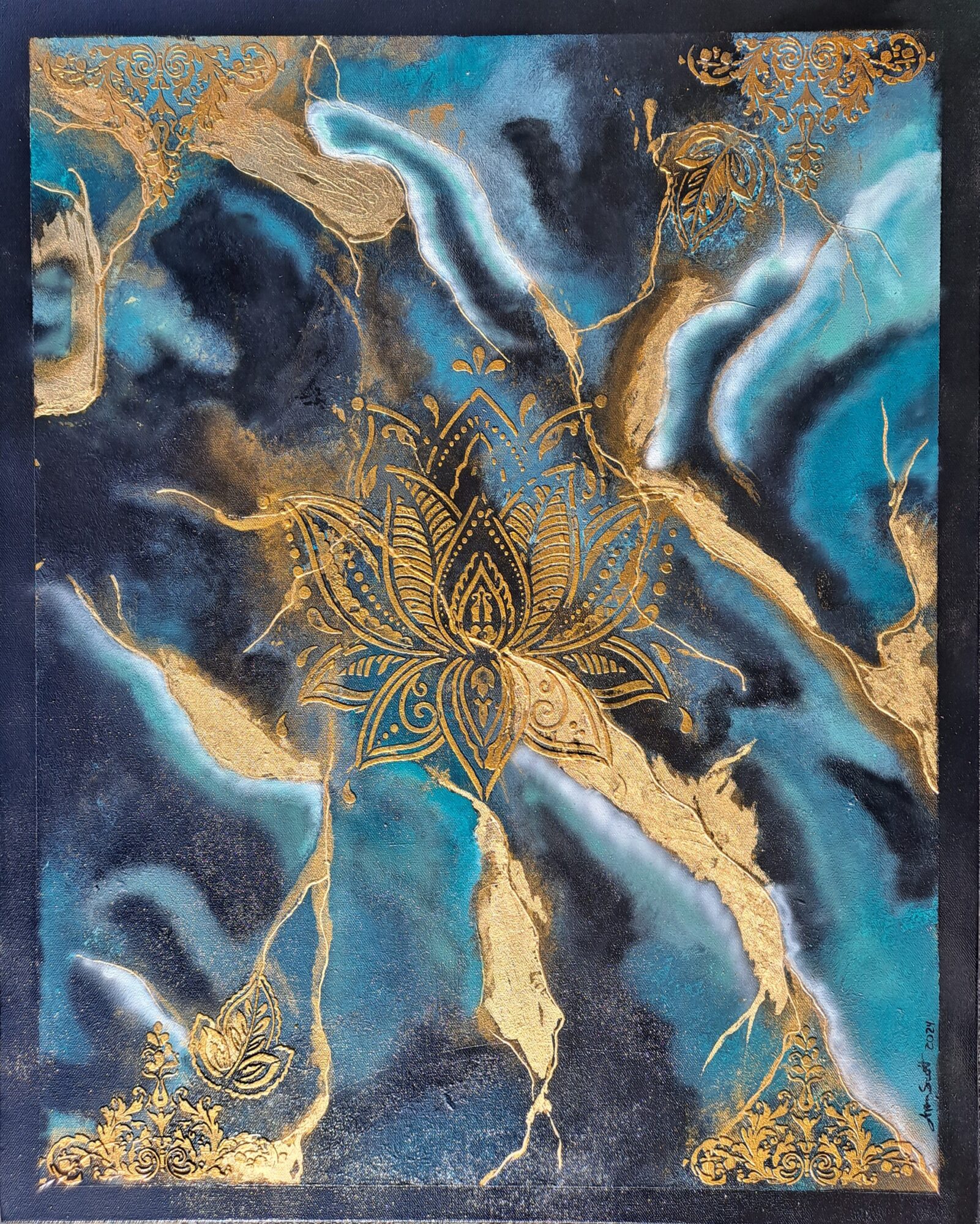 Abstract painting with blue, black, and gold colors, featuring a central floral design and flowing gold accents.