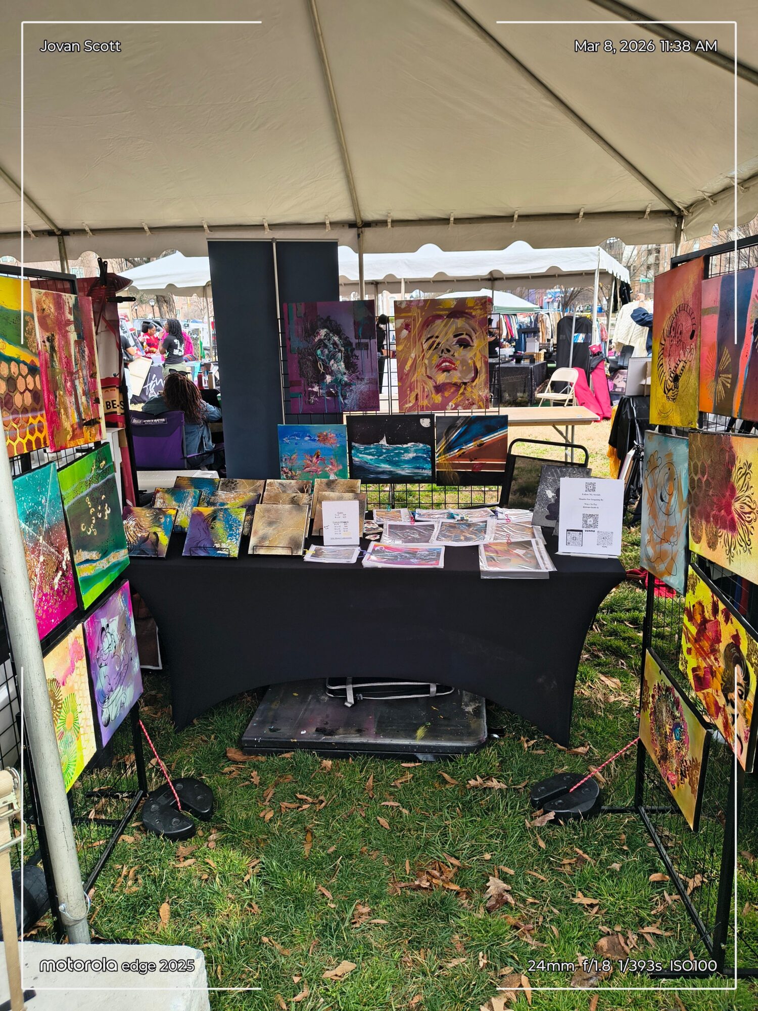 Art display with colorful paintings and prints on a stand outdoors, with grass and trees in the background.