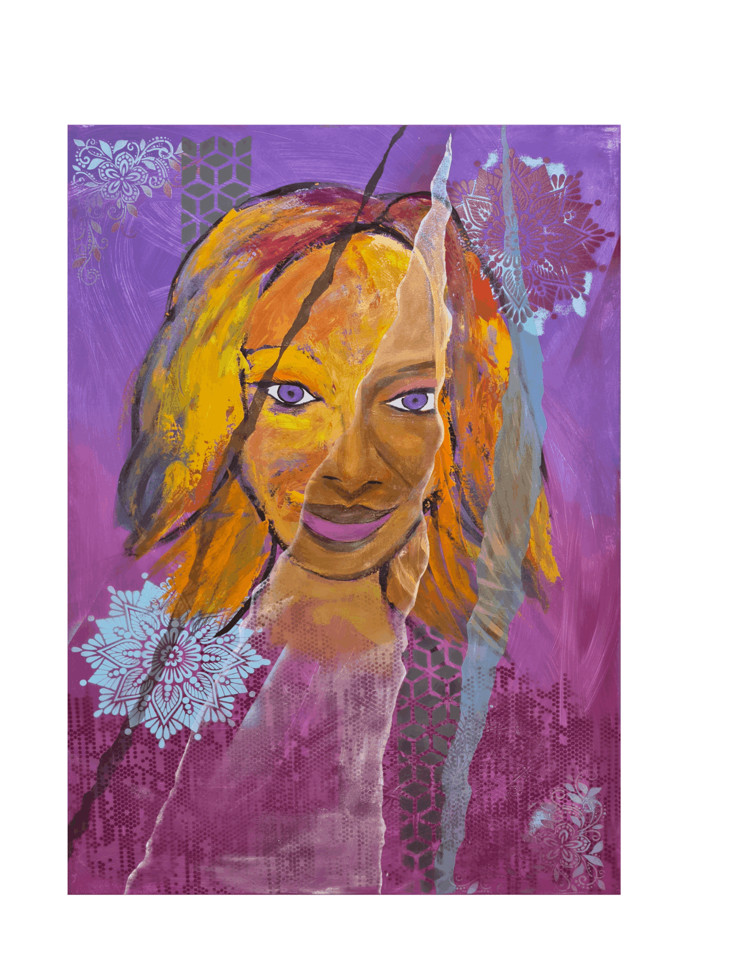 Portrait of a woman with colorful hair and purple eyes, set against a purple background with floral patterns.