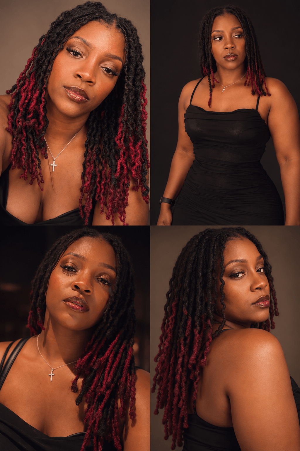 Four women with long, curly hair in different poses, wearing black outfits, against dark backgrounds.