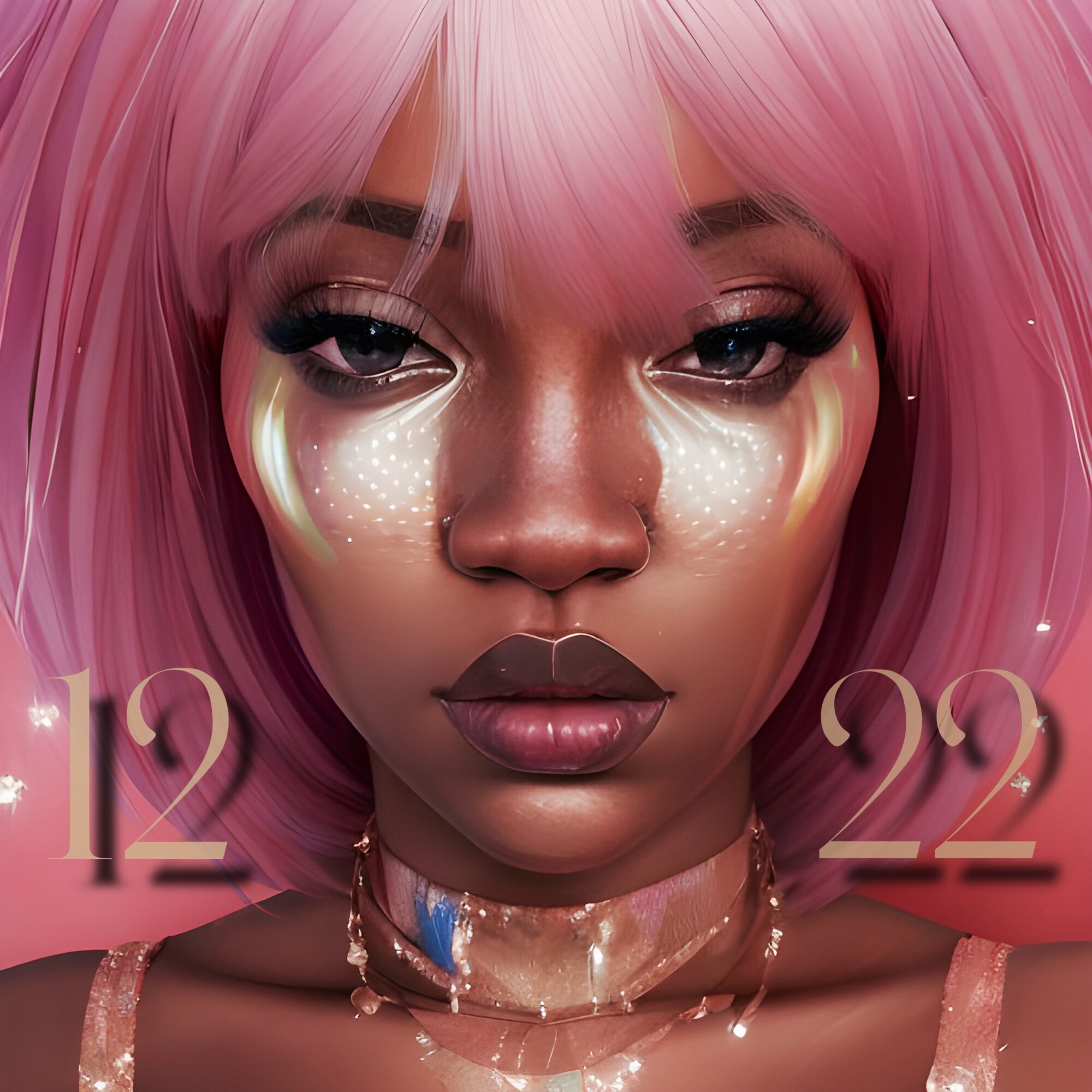 Close-up of a woman with pink hair, makeup, and glowing face paint, with numbers 12 and 22 on either side.