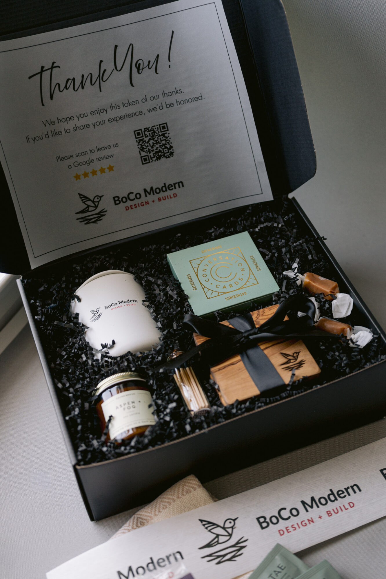 Open box with skincare products, a soap, and a thank you card inside. Box labeled 'Boco Modern' on the side.