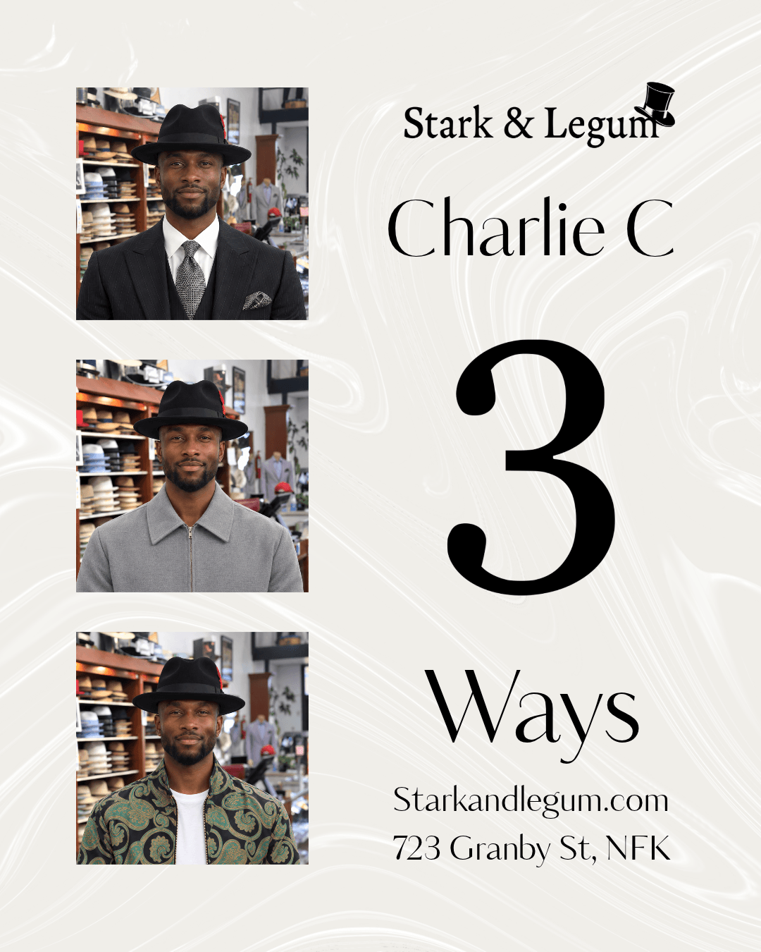 Business card with three photos of a man in different outfits, text, and a logo, on a light background.