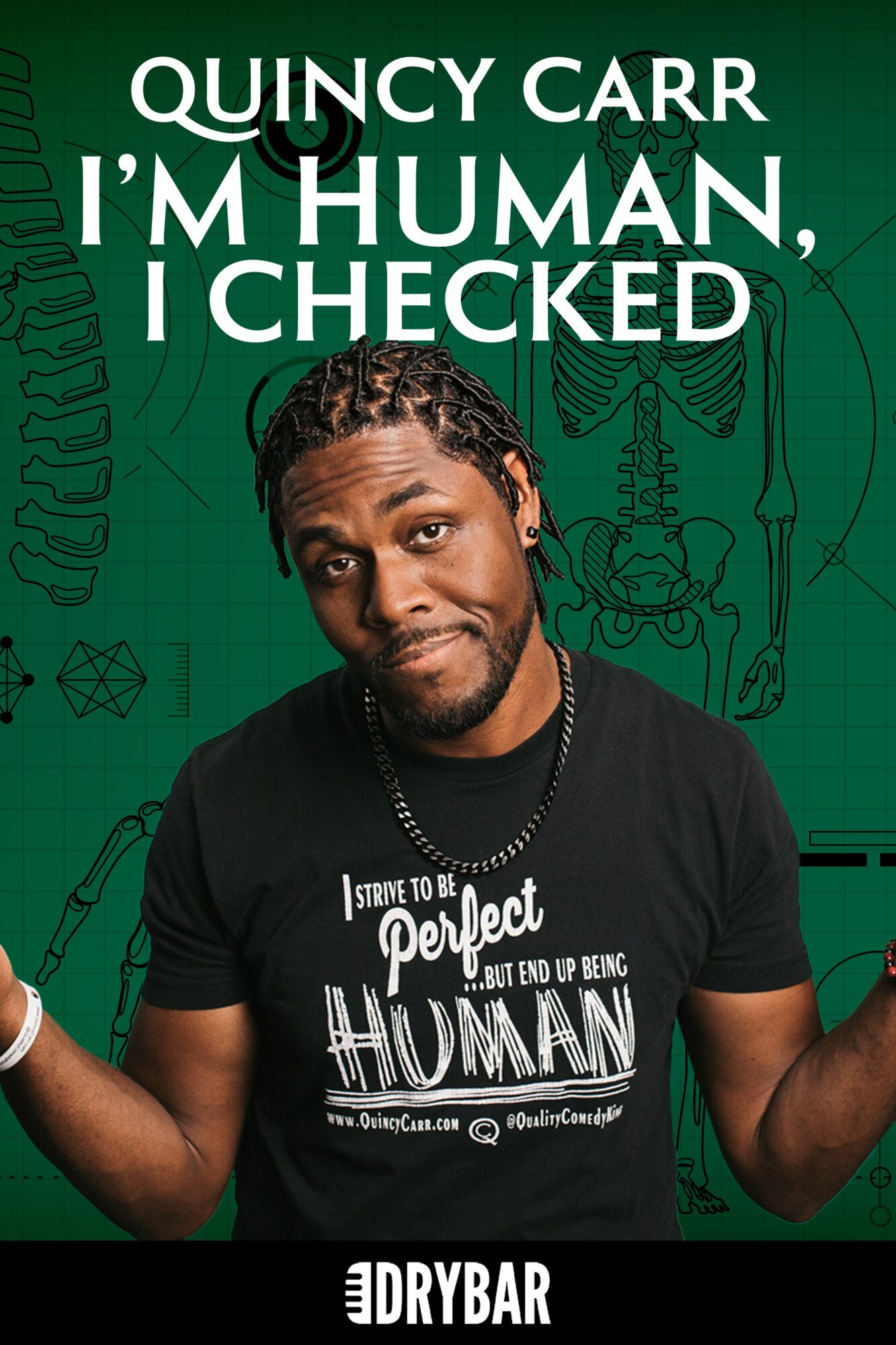 Quincy Carr with arms out, wearing a black shirt with white text, green background with medical illustrations, smiling.