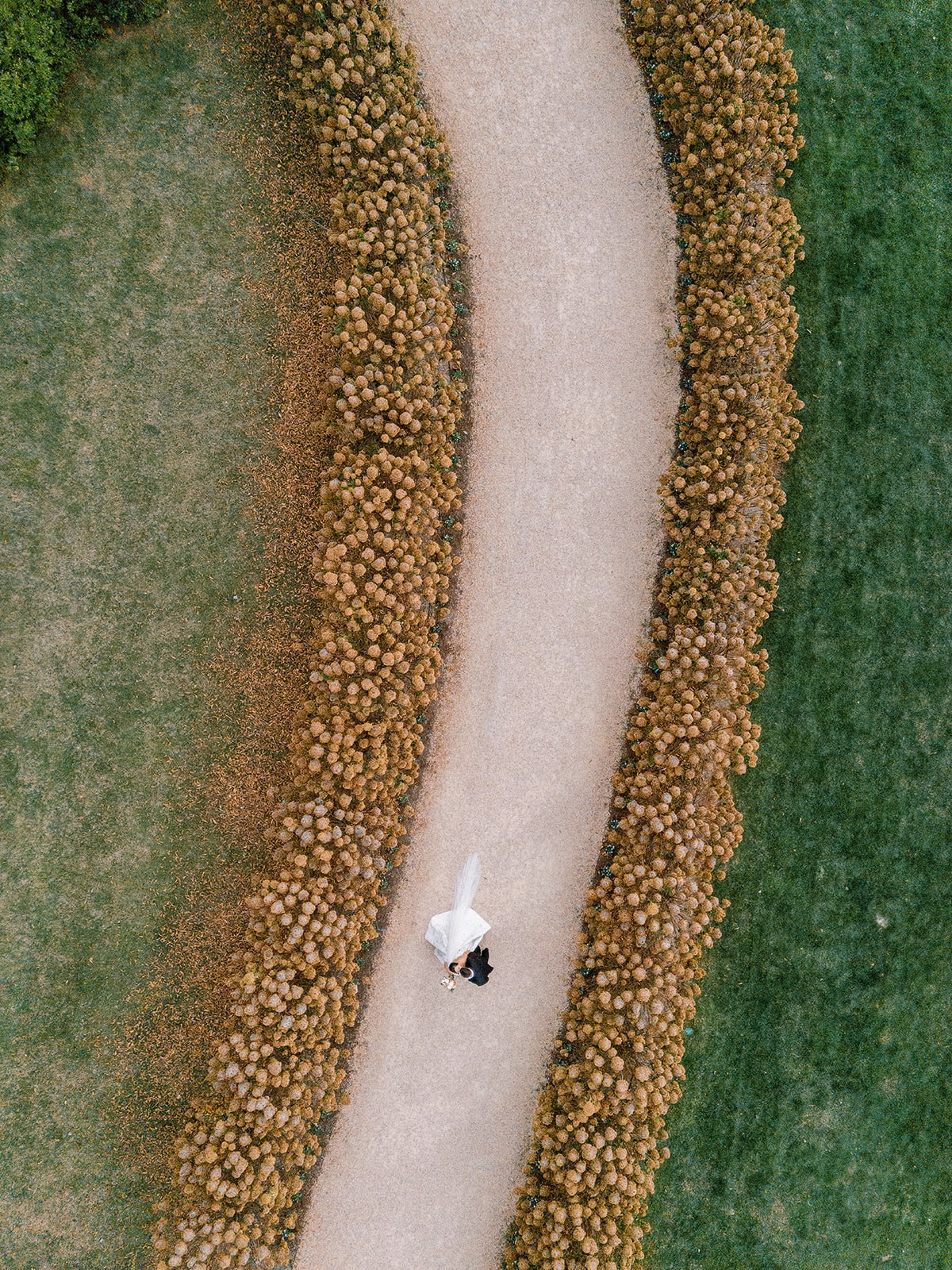 A person walking on a curved gravel path lined with trees, surrounded by grass and foliage.