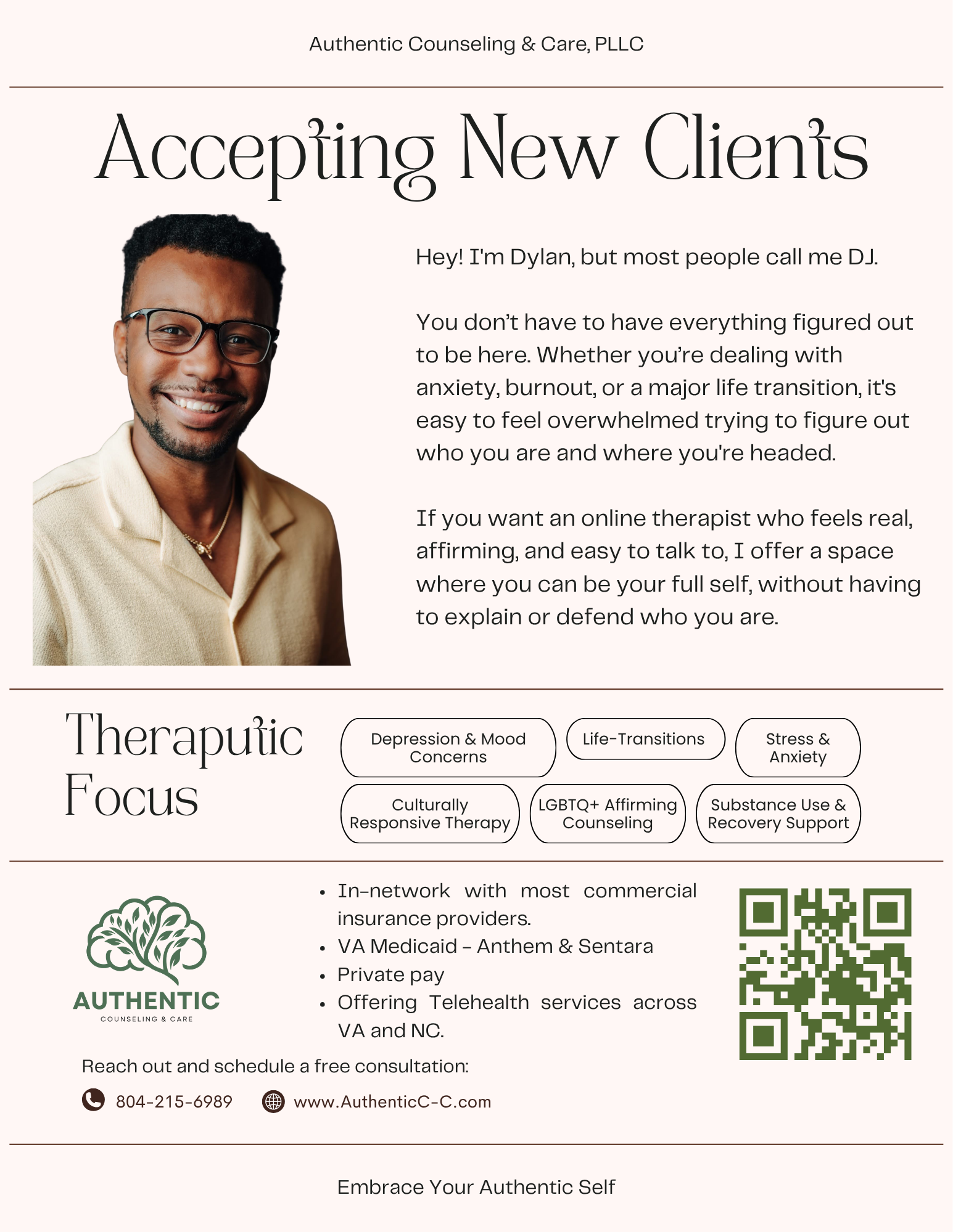 Smiling man with glasses and a beige blazer, text about accepting new clients, therapy services, and contact information.