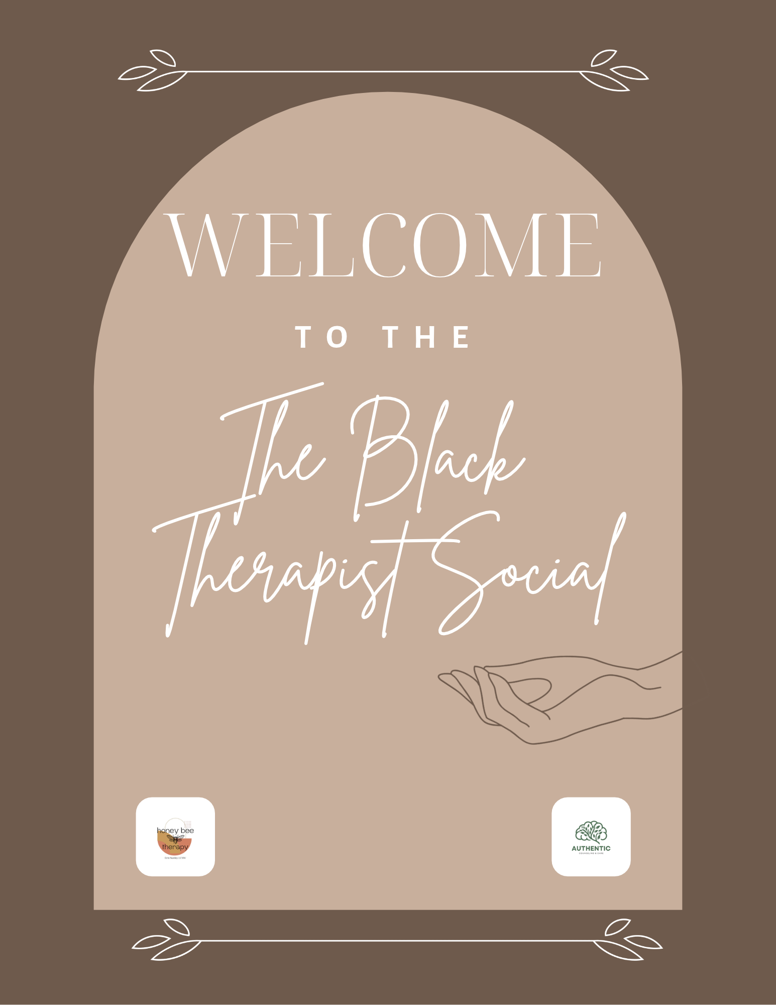 Welcome sign with text about a black therapist social, featuring a hand illustration and decorative borders.