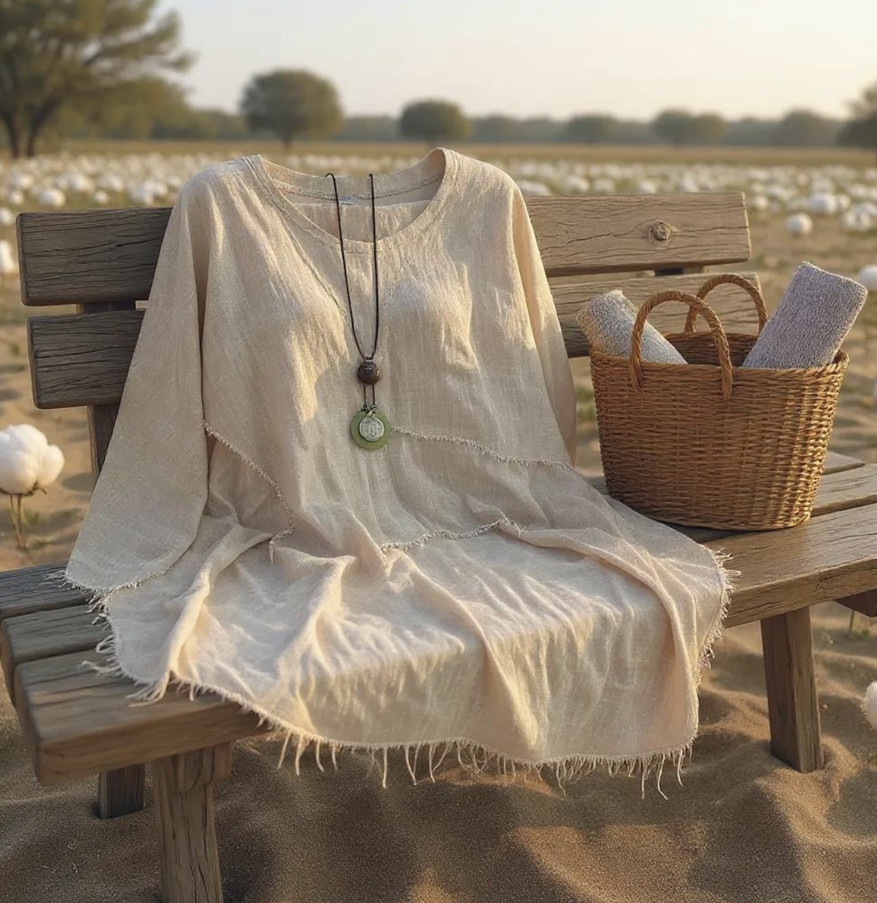 A beige dress with frayed edges draped over a wooden bench outdoors, with a basket and a book beside it, in a field.