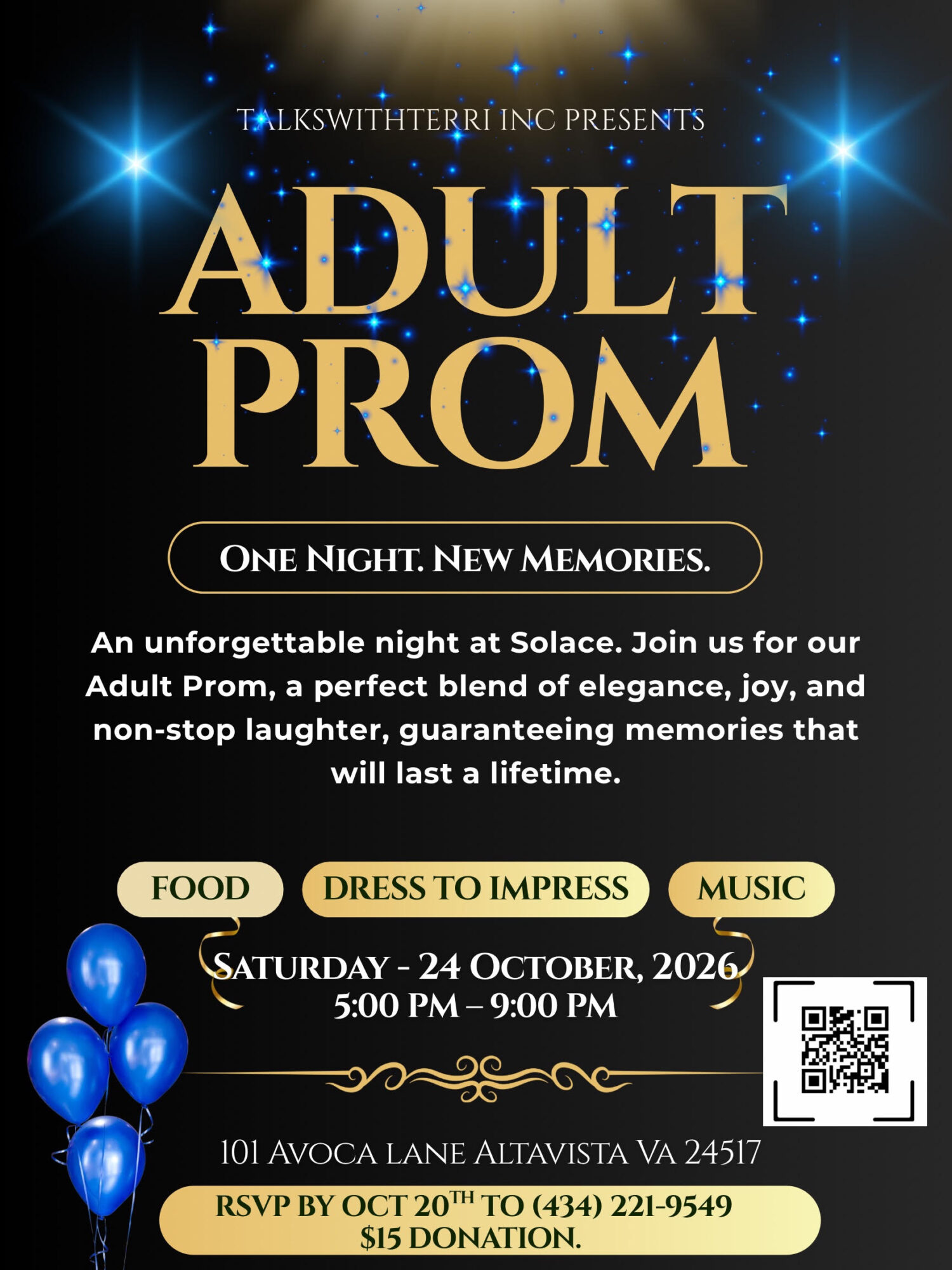 Event poster for adult prom with gold text, blue balloons, and a QR code, scheduled for October 24, 2026.