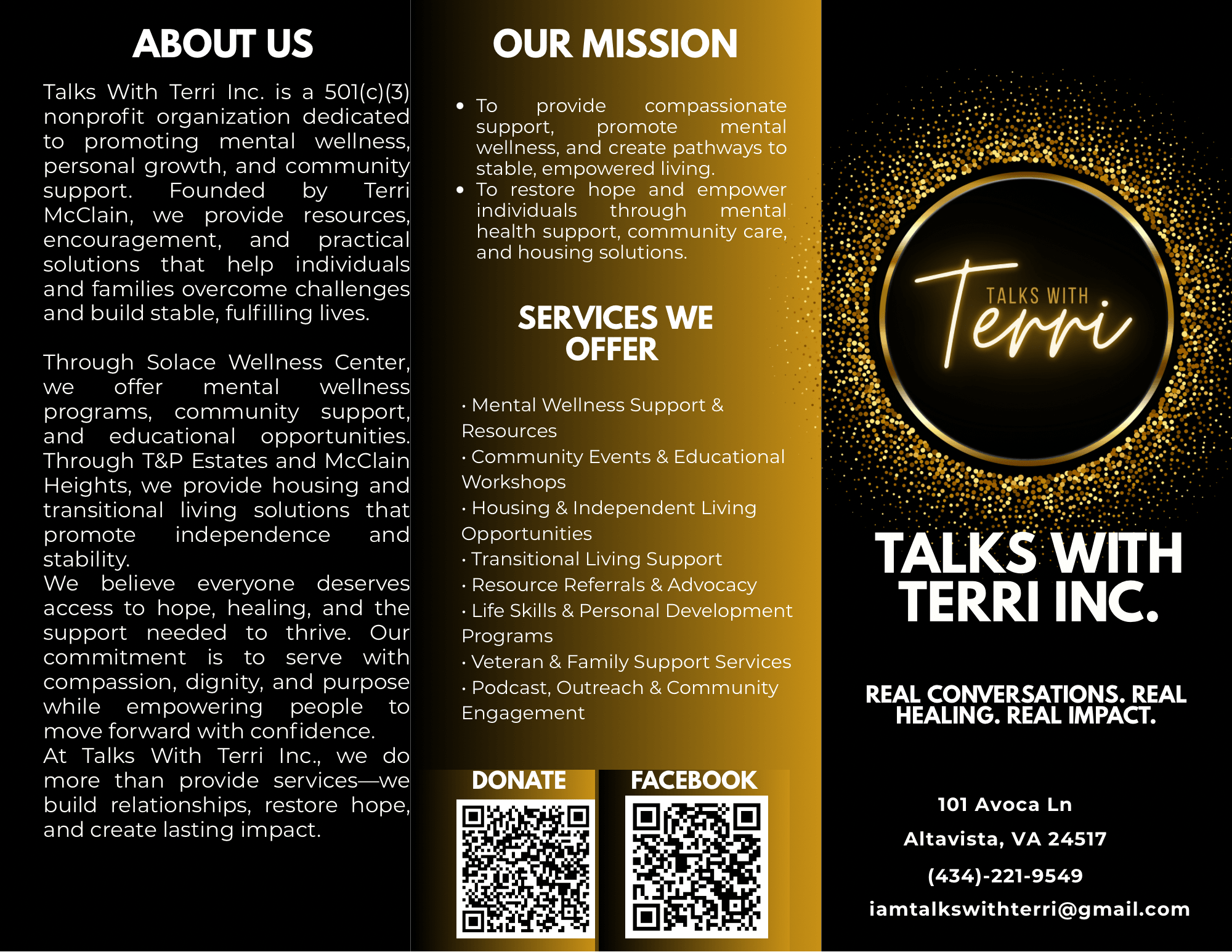 Flyer with black background and yellow accents, promoting mental health support, services, and contact information, including Facebook and email.