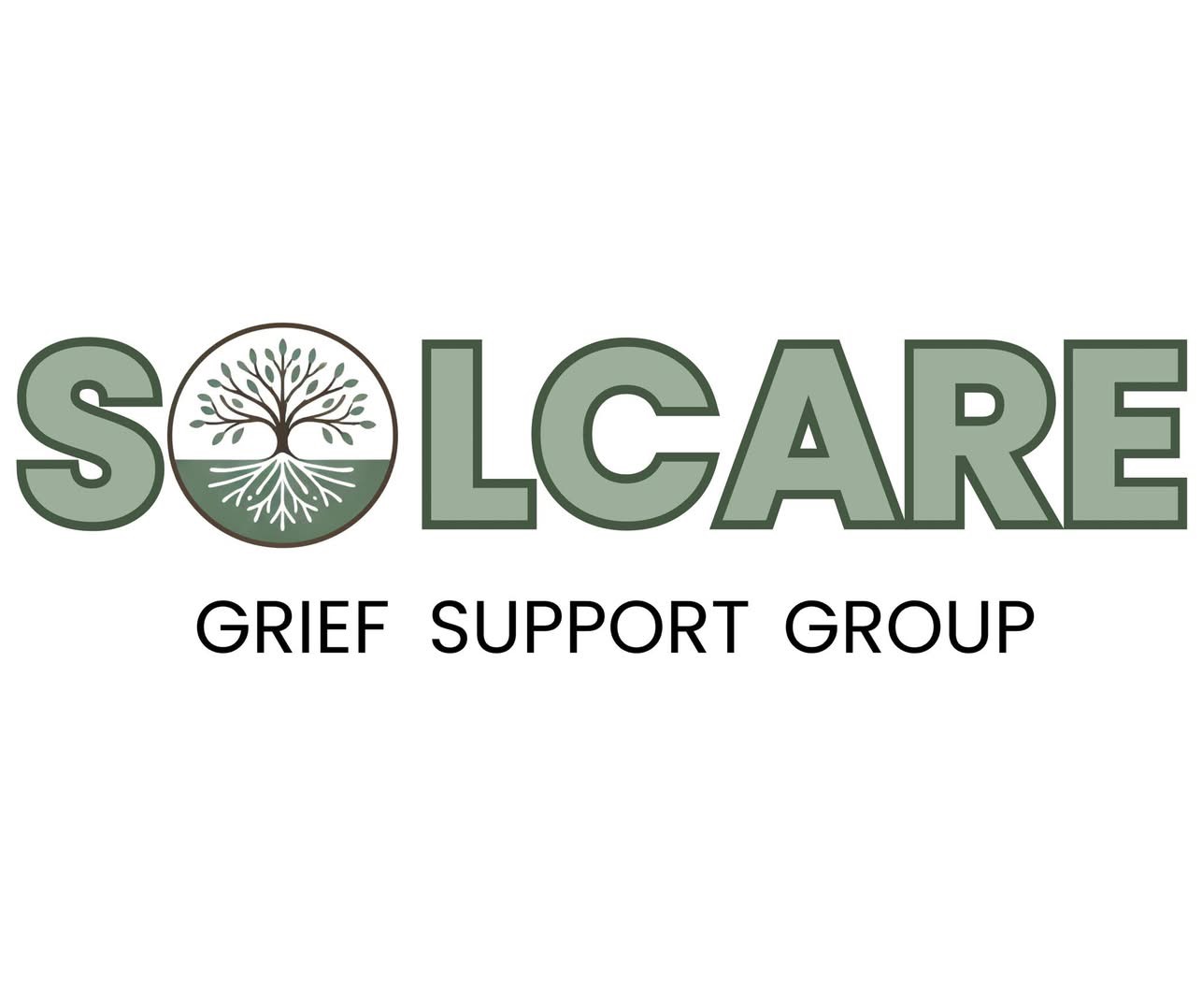 SolCare logo with a tree inside a circle, and text 'GRIEF SUPPORT GROUP' below, on a white background.