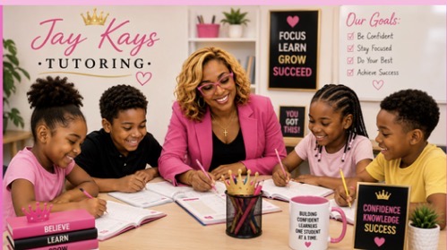 Woman with glasses and curly hair in pink blazer teaching children at a table, pink and white classroom background.