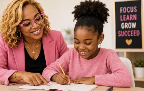 Adult woman and girl smiling while writing in a notebook, with a motivational poster in the background.