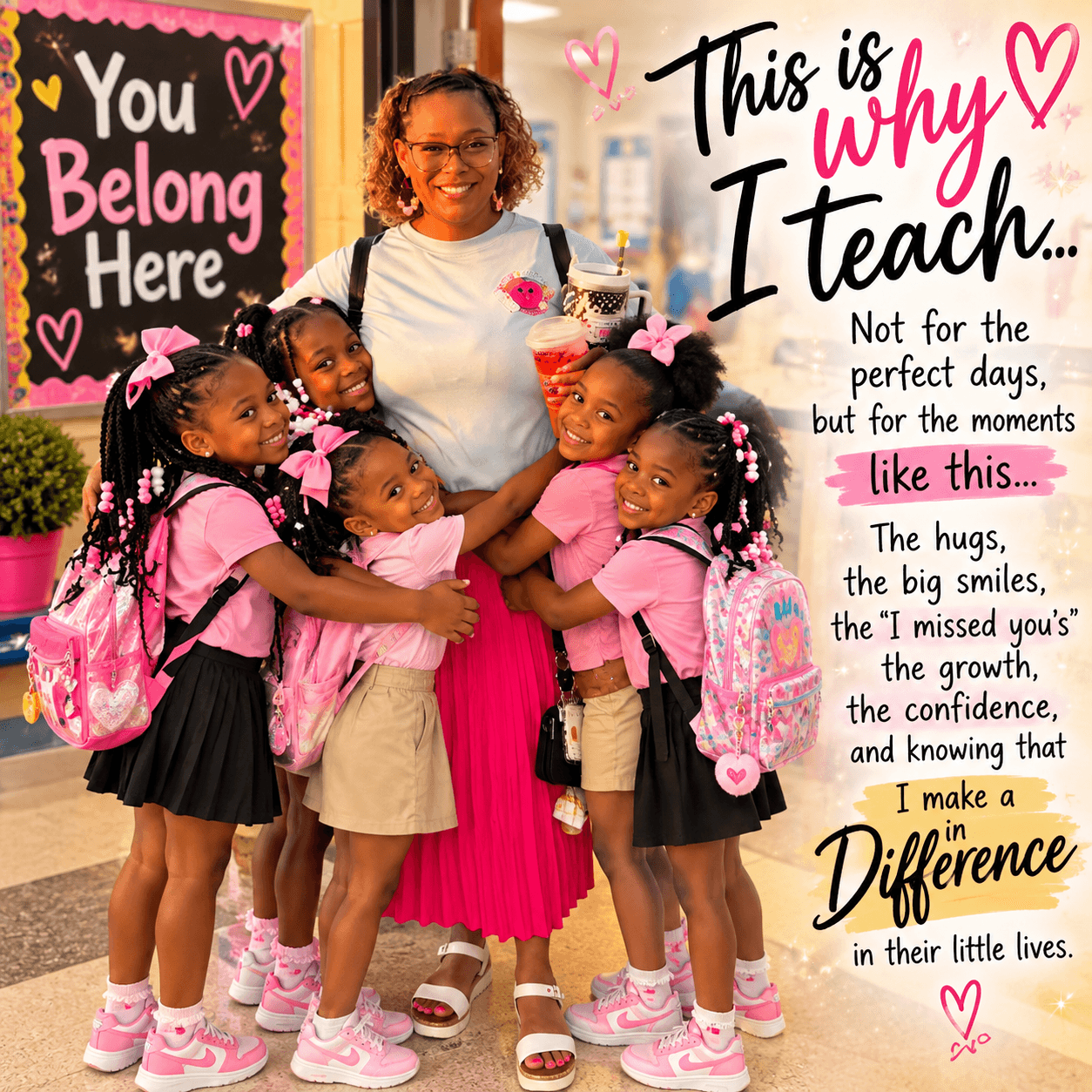Teacher with five children in pink and black uniforms, smiling in classroom with colorful sign and window view.