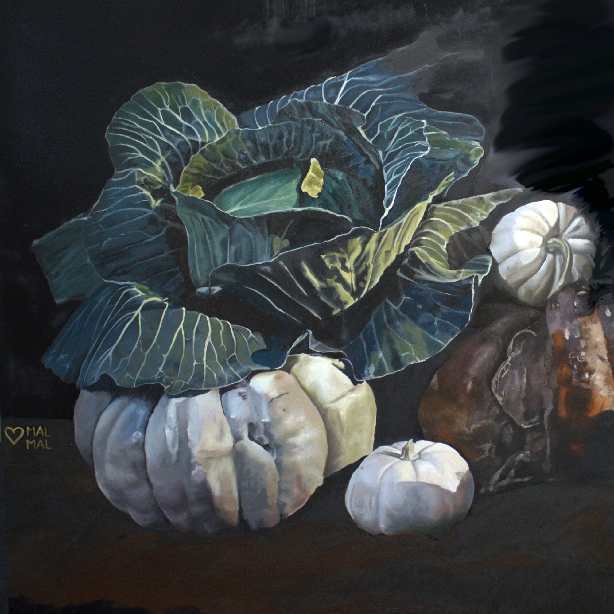 Painting of large green leafy plant with white pumpkins on dark background.