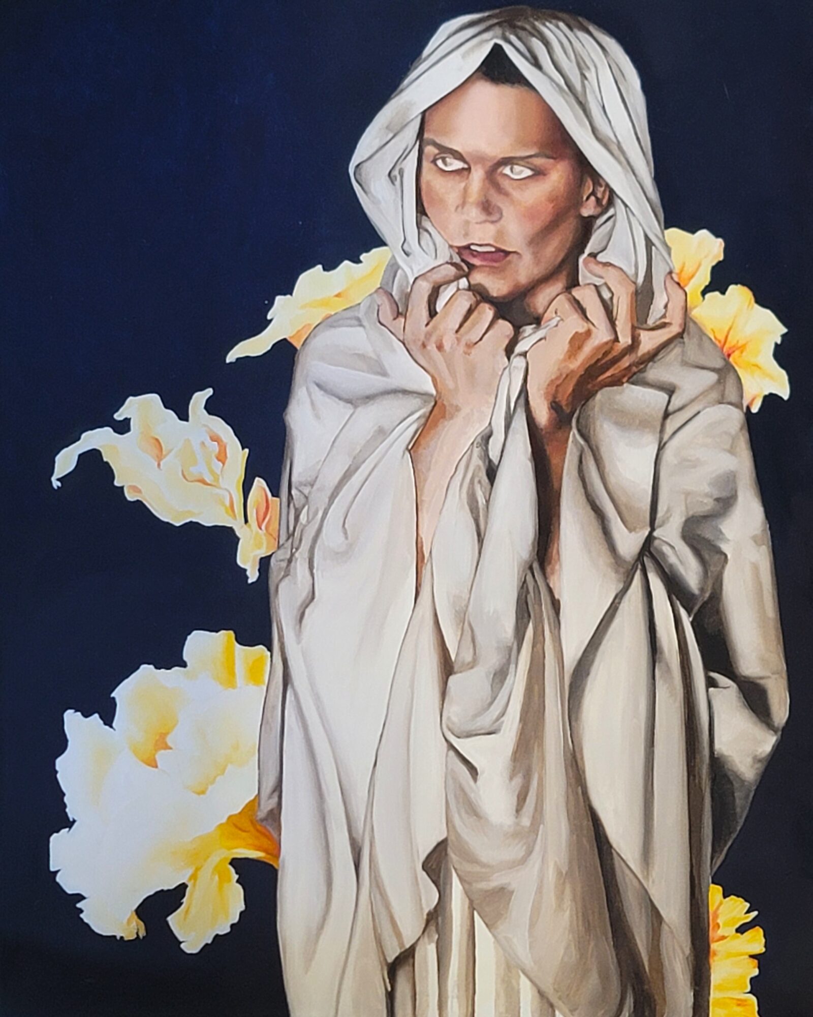 Person with pale skin and white hair, wearing a white cloak, holding their hands near their face, with yellow and white flowers in the background.