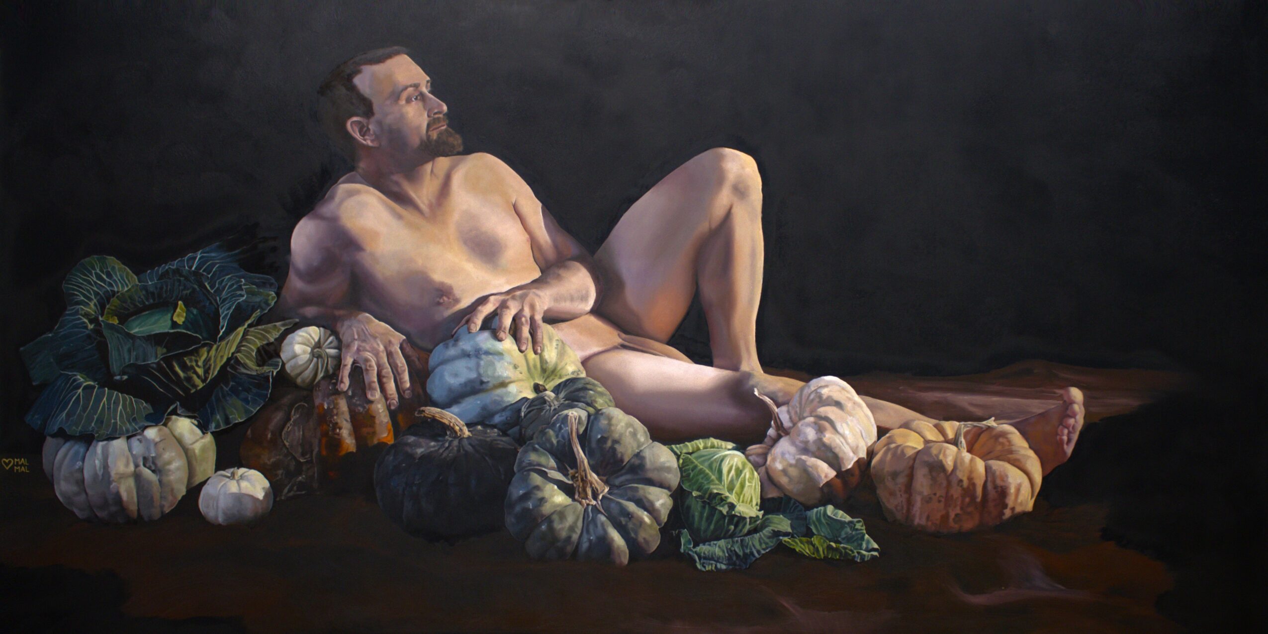 Painting of a man reclining among vegetables, with a dark background and a wooden surface.