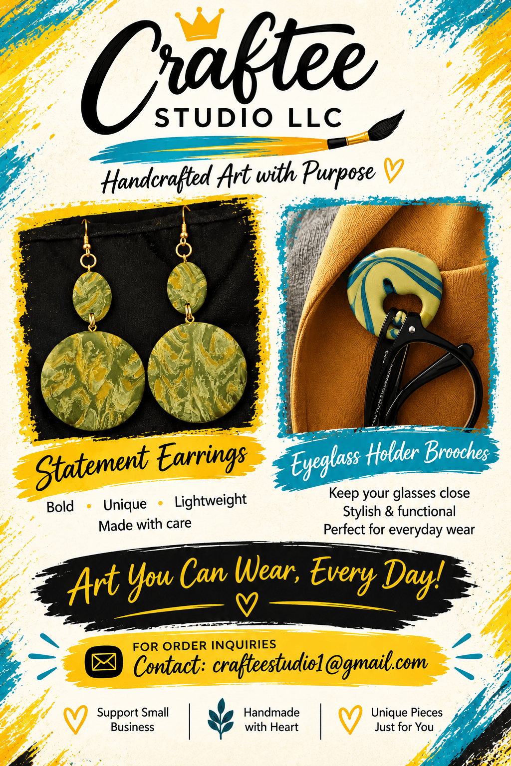 Display of handcrafted statement earrings and a badge with a blue and yellow design, promotional text for Craftee Studio LLC, contact email included.