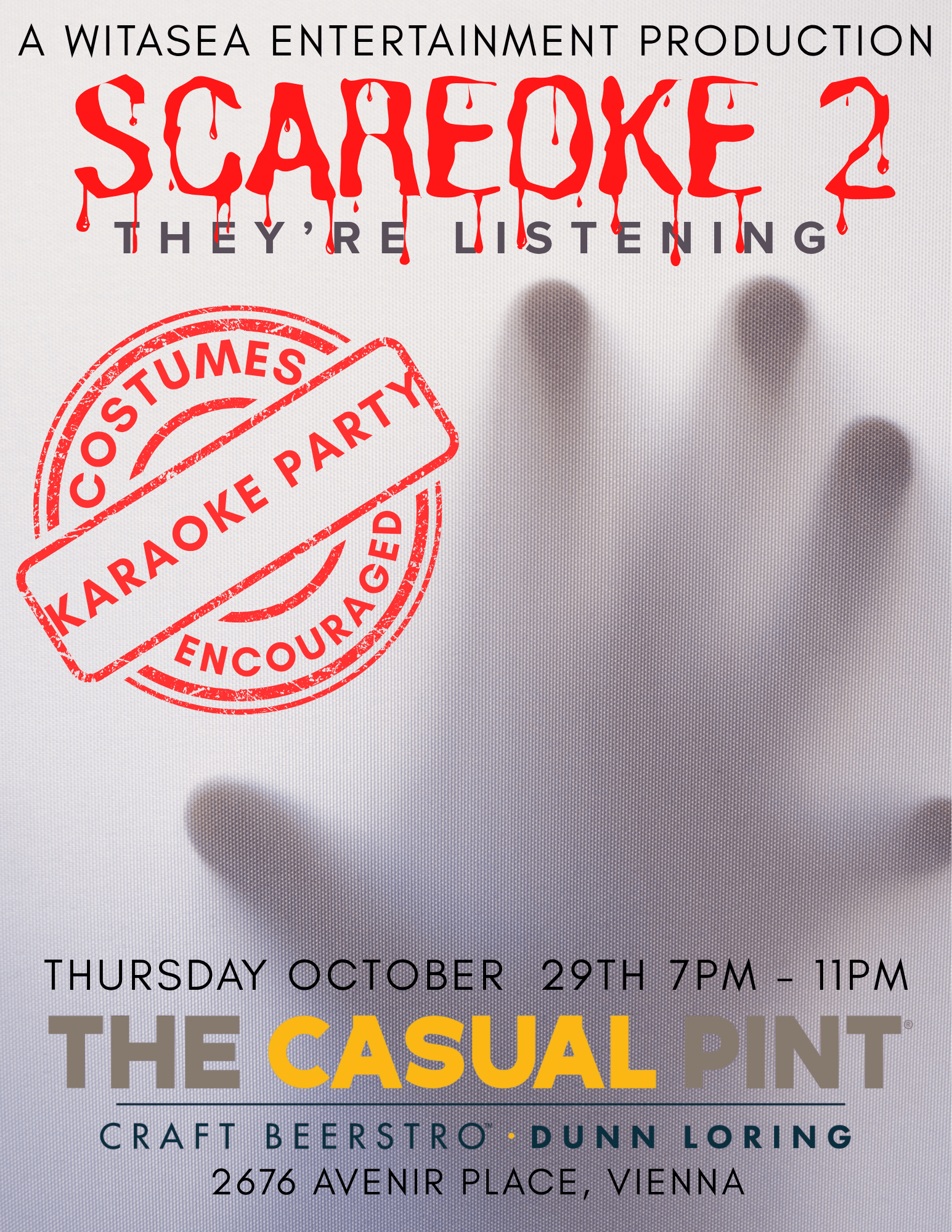 Poster for karaoke event with ghostly handprints, red text, and details about date, time, and location.