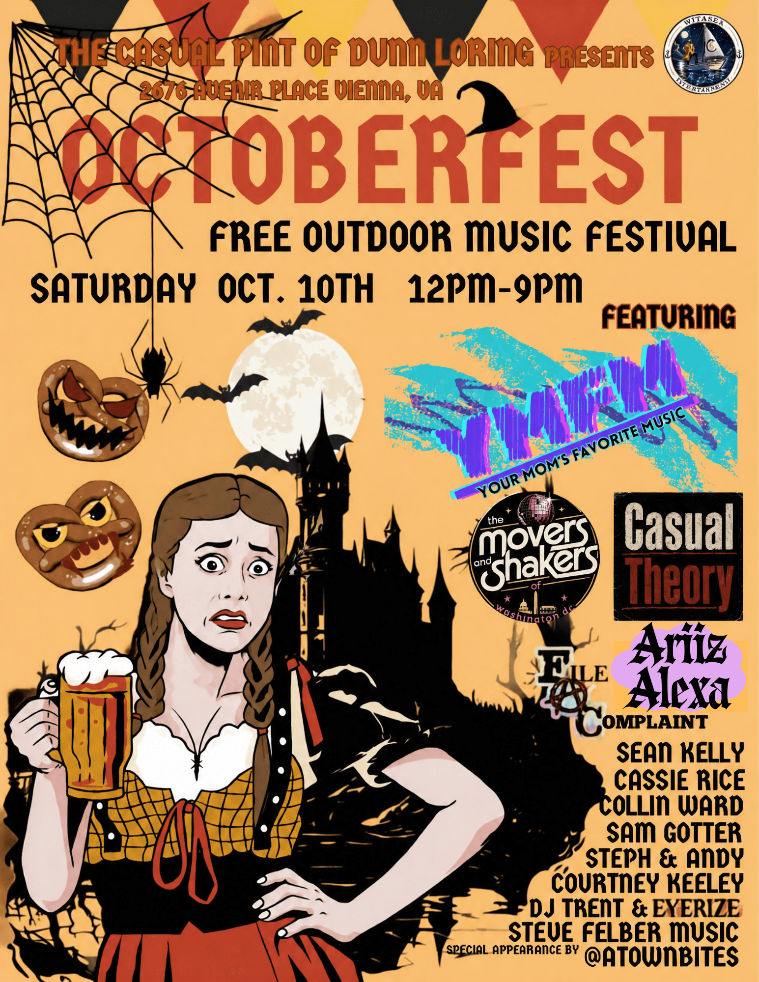 Halloween-themed Octoberfest poster with a haunted castle, bats, a woman in costume, and event details.