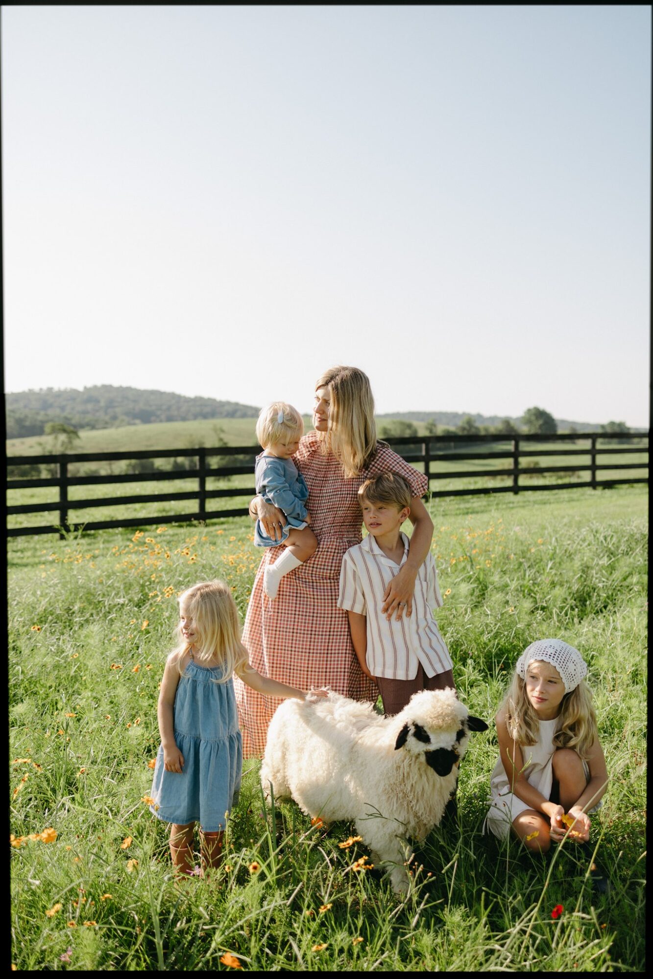 A woman with four children and a sheep in a grassy field with a fence and distant trees, under a clear sky.
