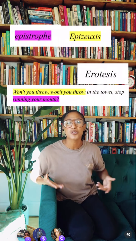 Woman sitting in front of a bookshelf, gesturing with hands, with colorful text overlays about anatomy and a towel.