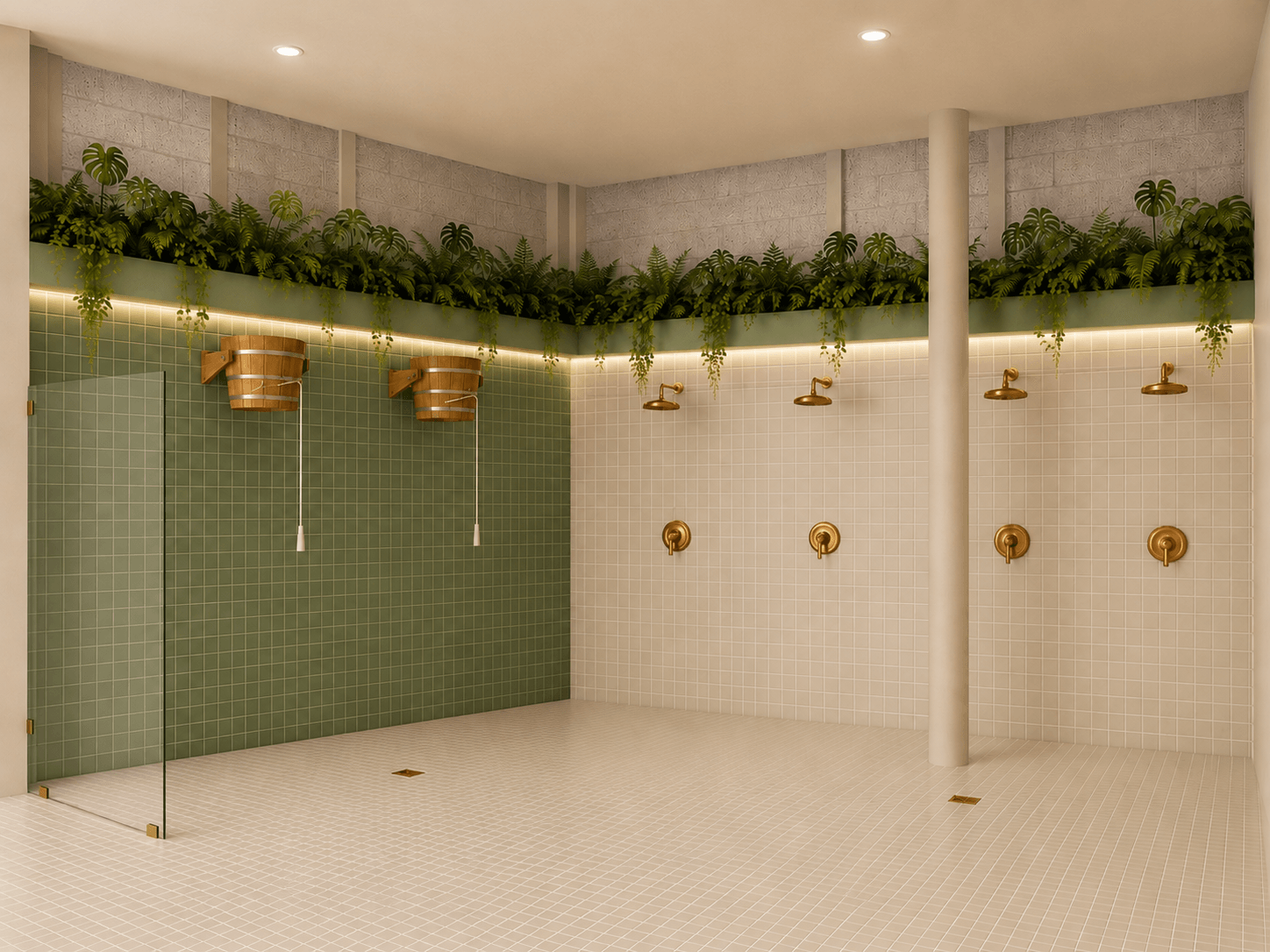 Indoor shower area with multiple showerheads, green and white tiled walls, and greenery on top, well-lit ceiling.