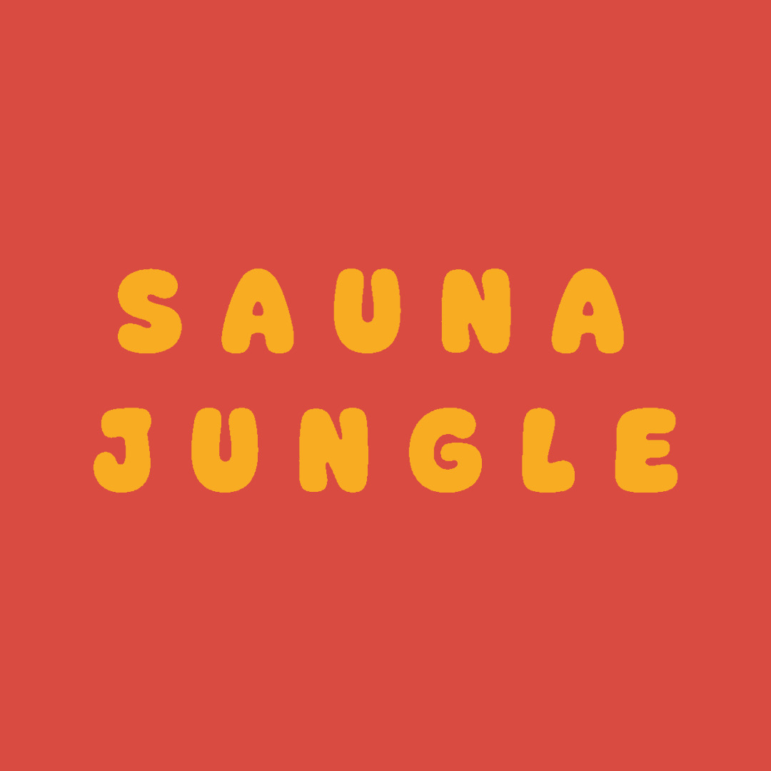 Text reading 'SAUNA JUNGLE' in yellow on a red background.