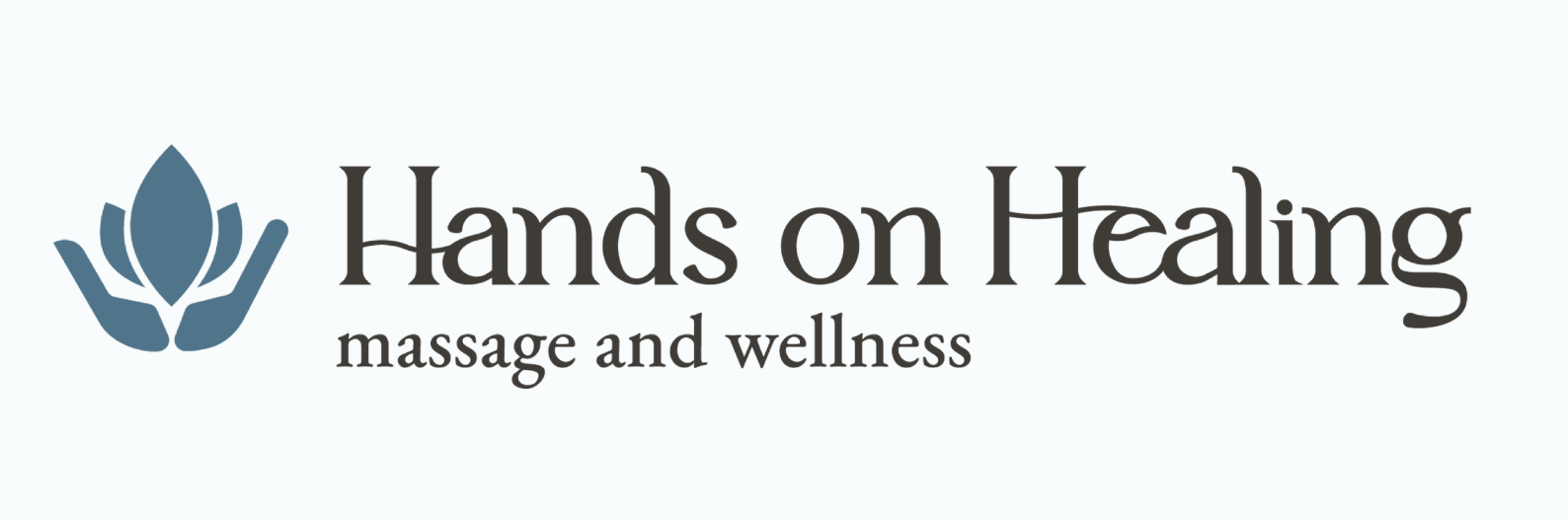 Logo with a stylized blue lotus flower and text 'Hands on Healing' and 'massage and wellness'