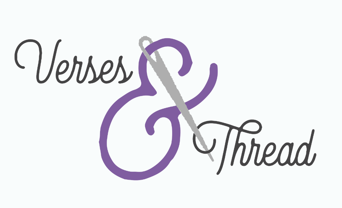 Text reads 'Verses & Thread' with a needle and thread illustration, in black and purple on a light background.