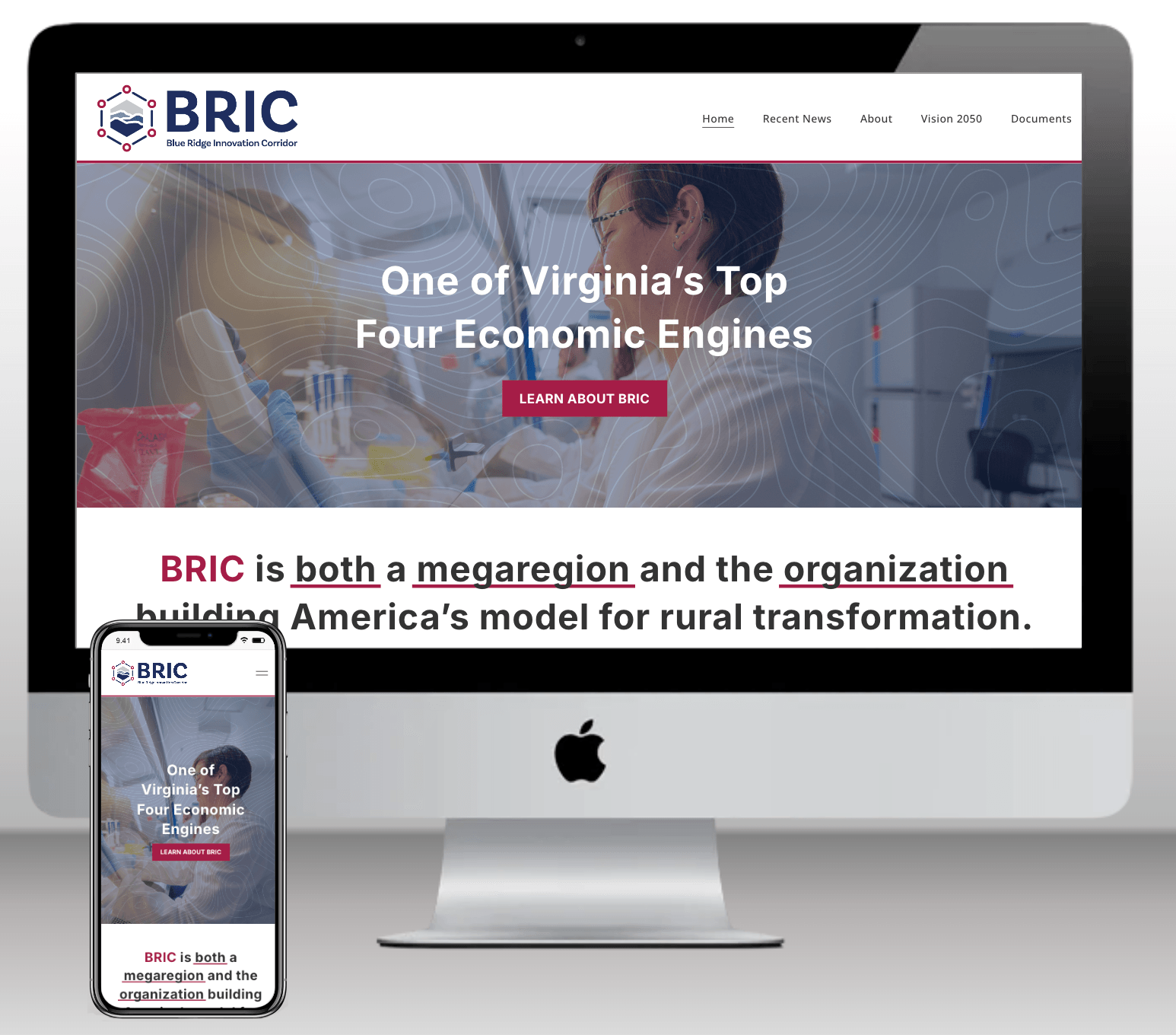 Computer and phone screens displaying the BRIC website with text about Virginia's top economic engines and organization building.