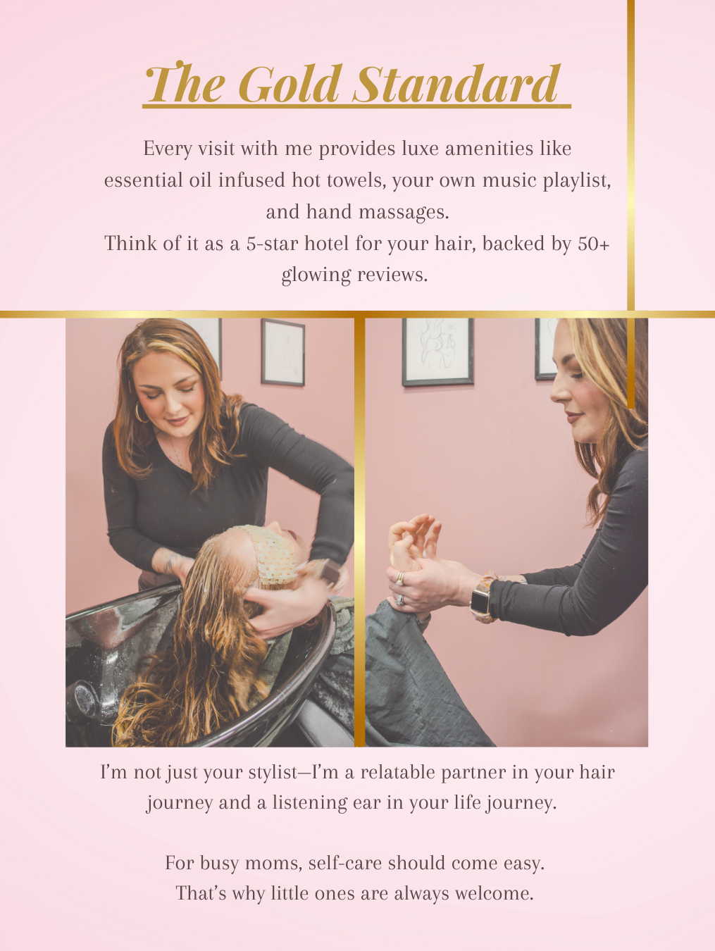 Woman receiving a hair wash at a salon, with pink walls and a mirror, smiling and looking down. Text about luxury amenities.