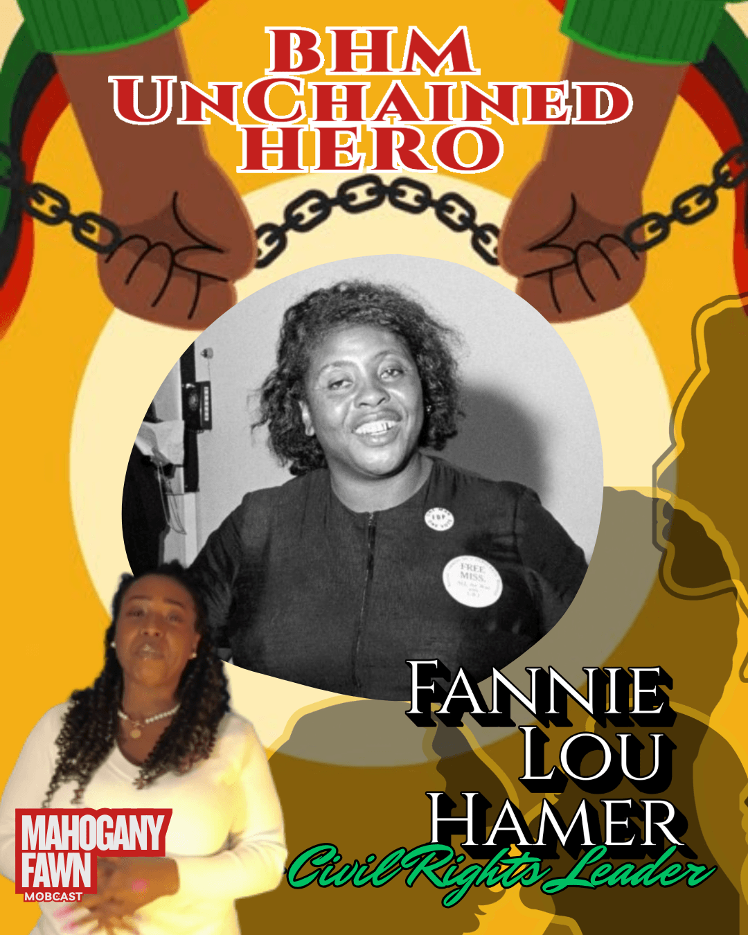 Black and white photo of Fannie Lou Hamer smiling, with a colorful background and a smaller image of her in the corner.