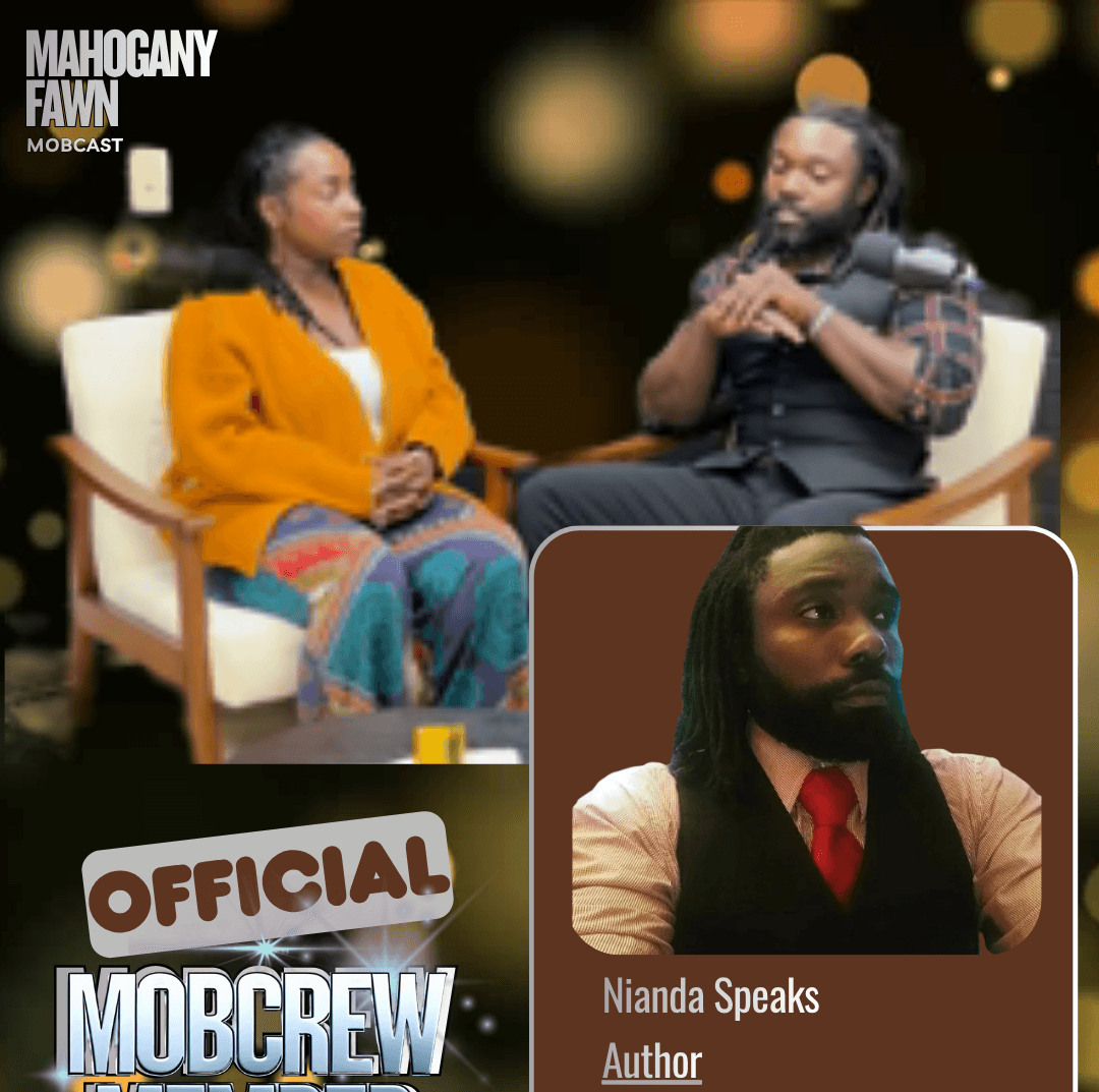 Two people sit and talk on a stage with a blurred background, with a smaller inset of a man with long hair and a beard. Text includes 'Nianda Speaks' and 'Author'.