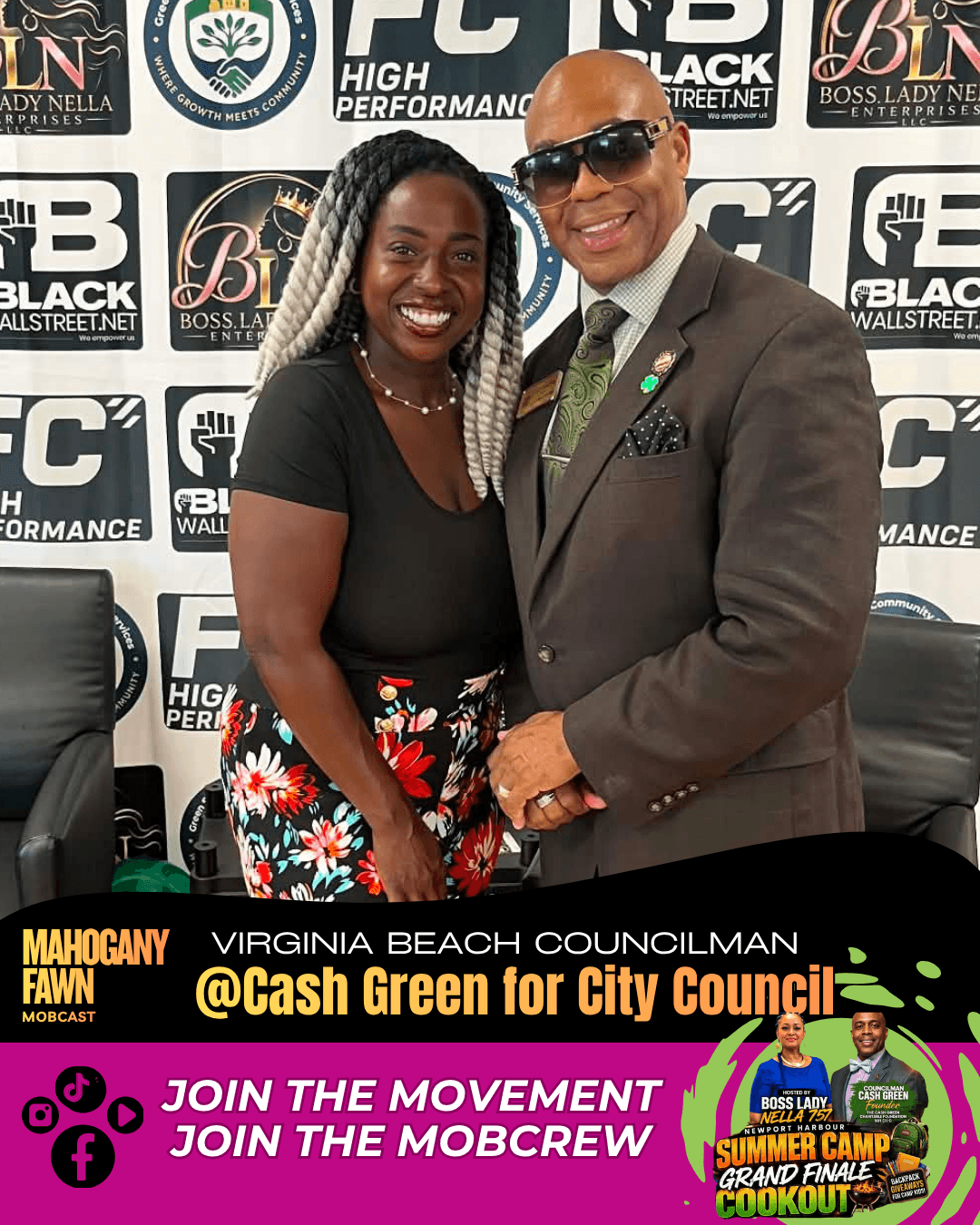 Two people smiling, standing in front of a backdrop with logos, one in a black top and floral skirt, the other in a suit and sunglasses.