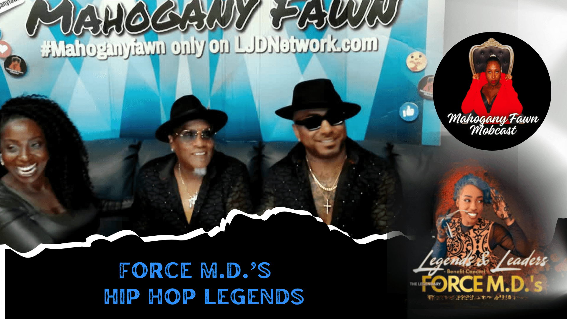 Group of four people smiling, wearing black hats and sunglasses, with a blue background and text about hip hop legends.