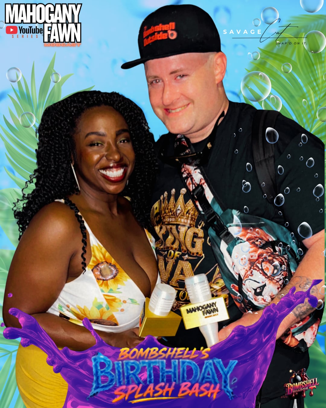 Two people smiling, one woman with curly hair in a yellow dress, one man in a black cap and jacket, colorful background