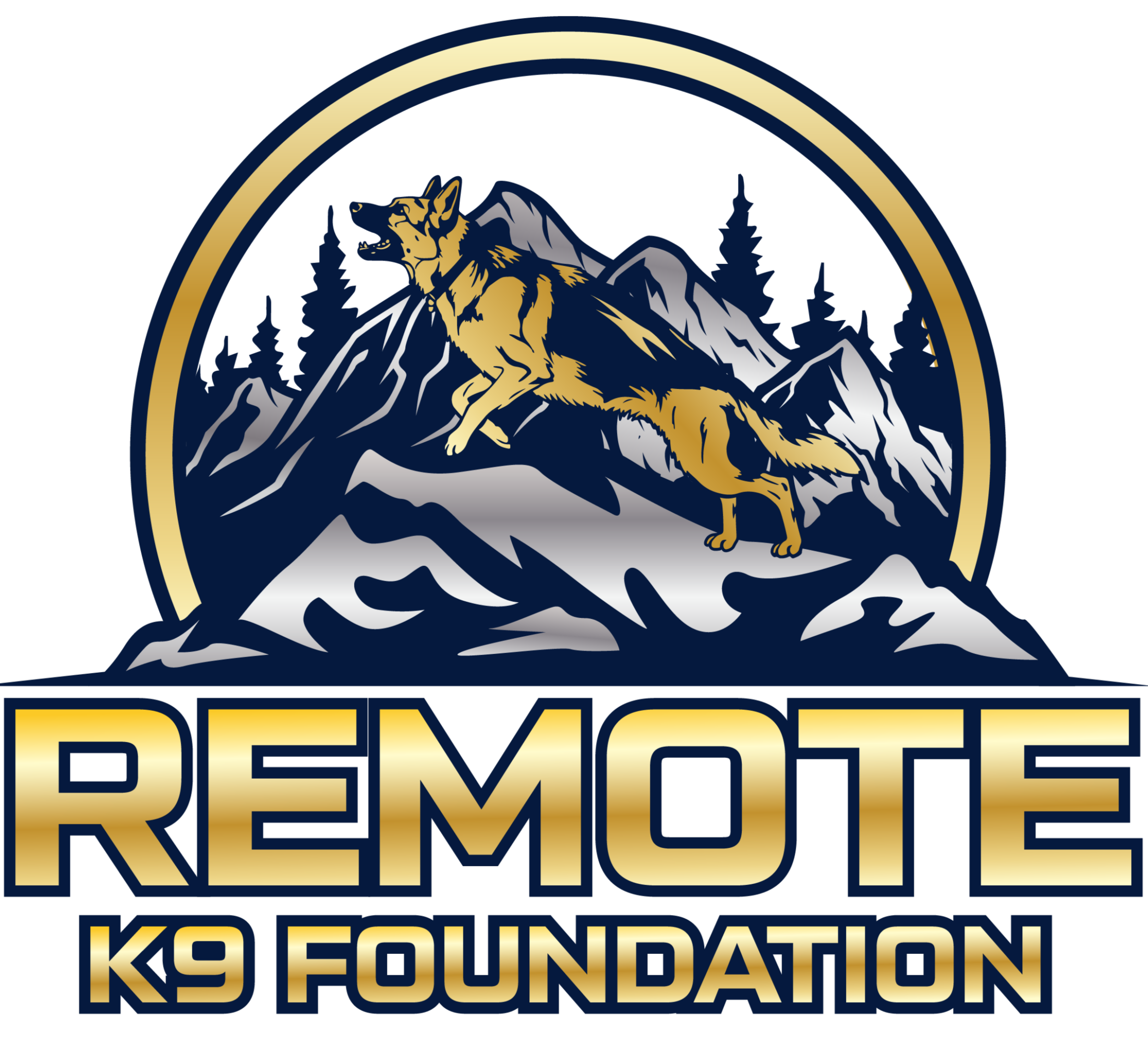 Logo with a dog jumping over mountains, trees, and a circular border, with text 'REMOTE K9 FOUNDATION'.