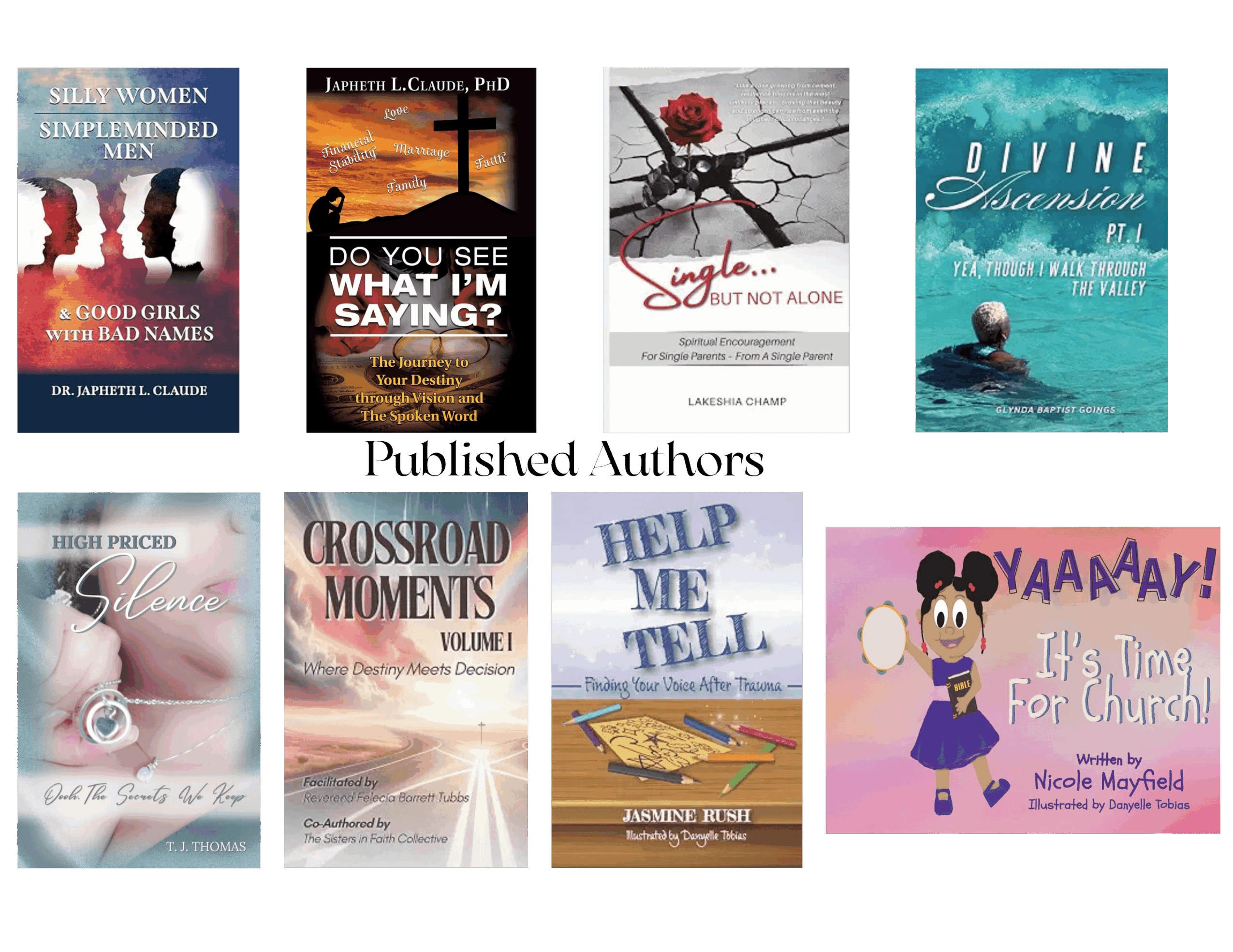 Collection of eight book covers with titles related to women, faith, relationships, and encouragement, featuring various images and designs.