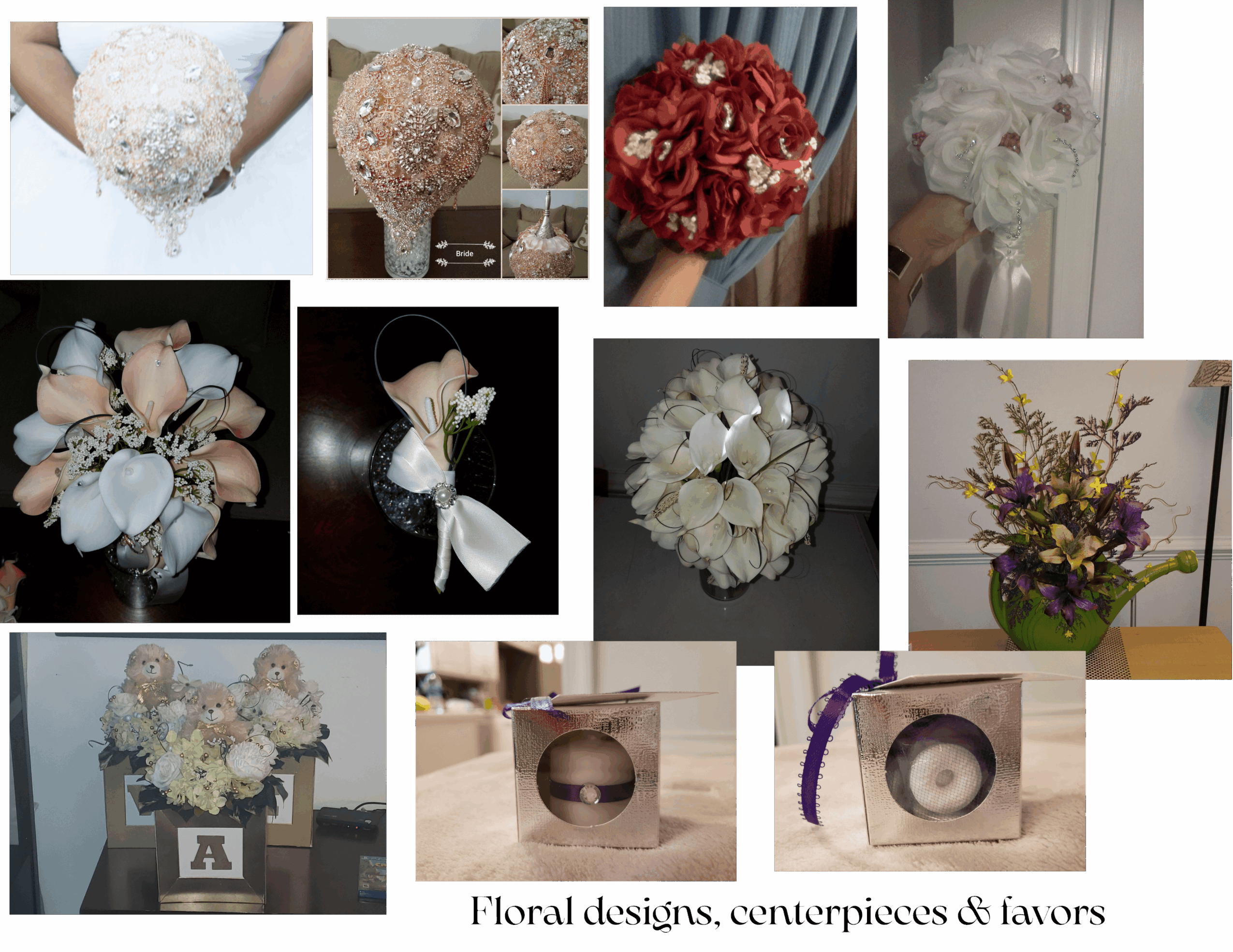 Collage of various flower arrangements and decorative items, including bouquets, vases, and floral displays, with a mix of colors and styles.
