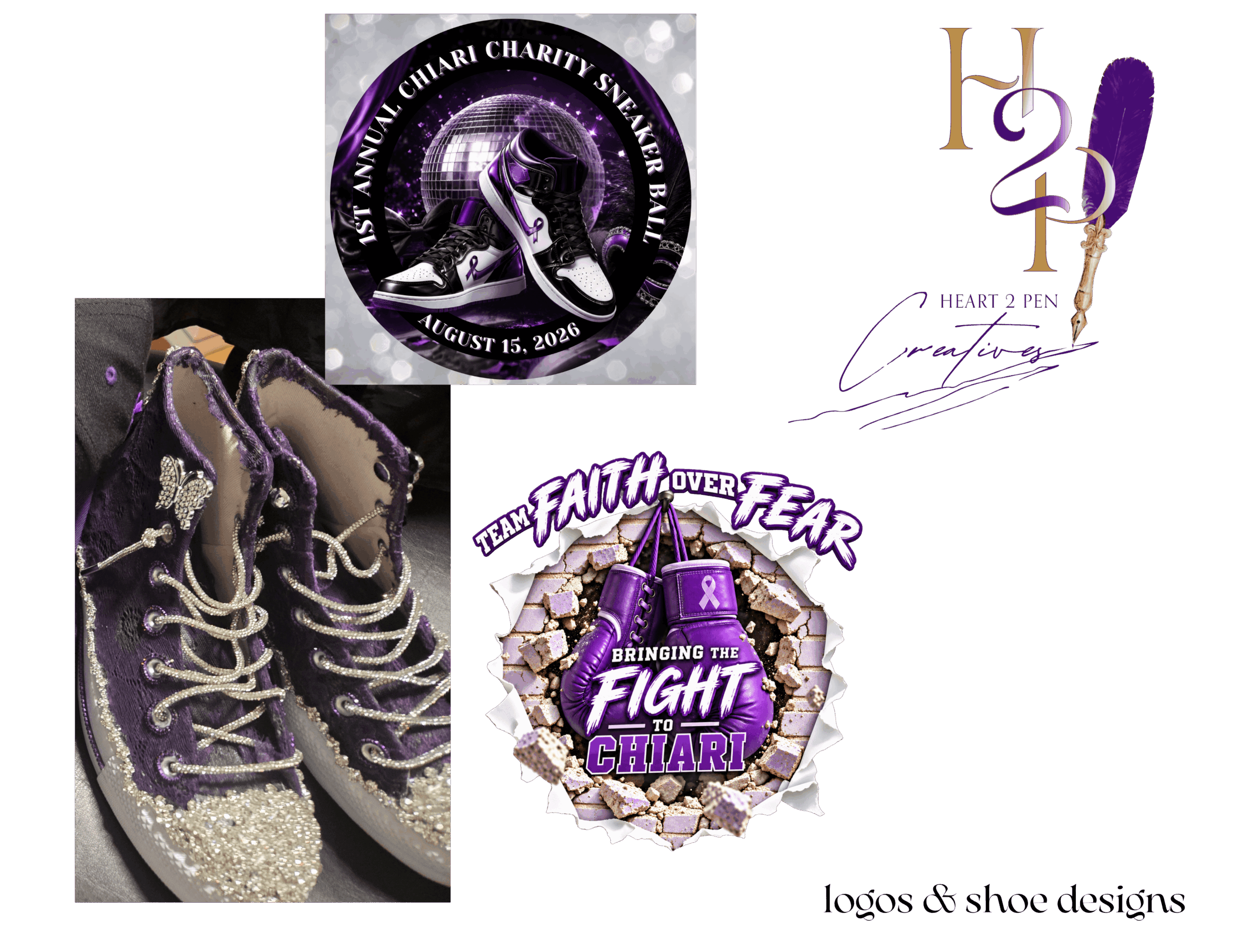 Collage of four images: a circular logo, a pair of decorated shoes, a religious symbol, and a faith-themed graphic.
