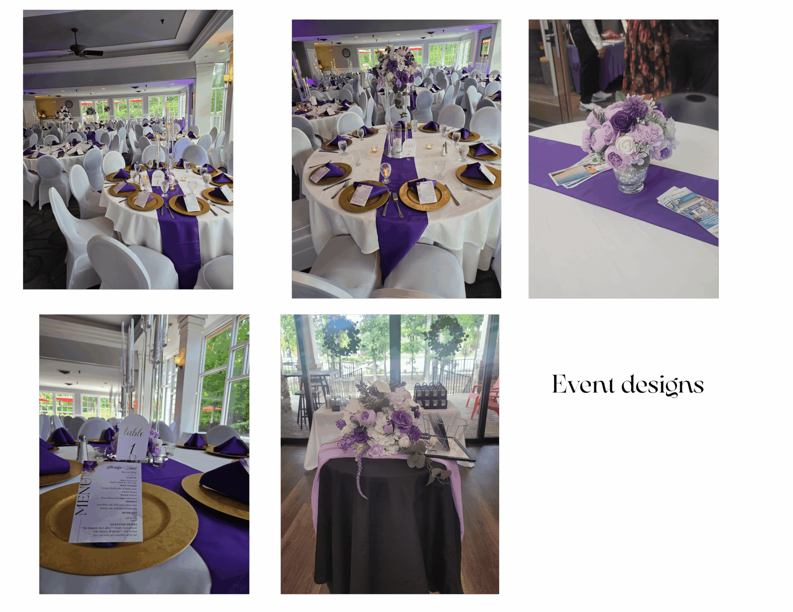 Six images of decorated tables with purple and white floral arrangements, table settings, and event decor.